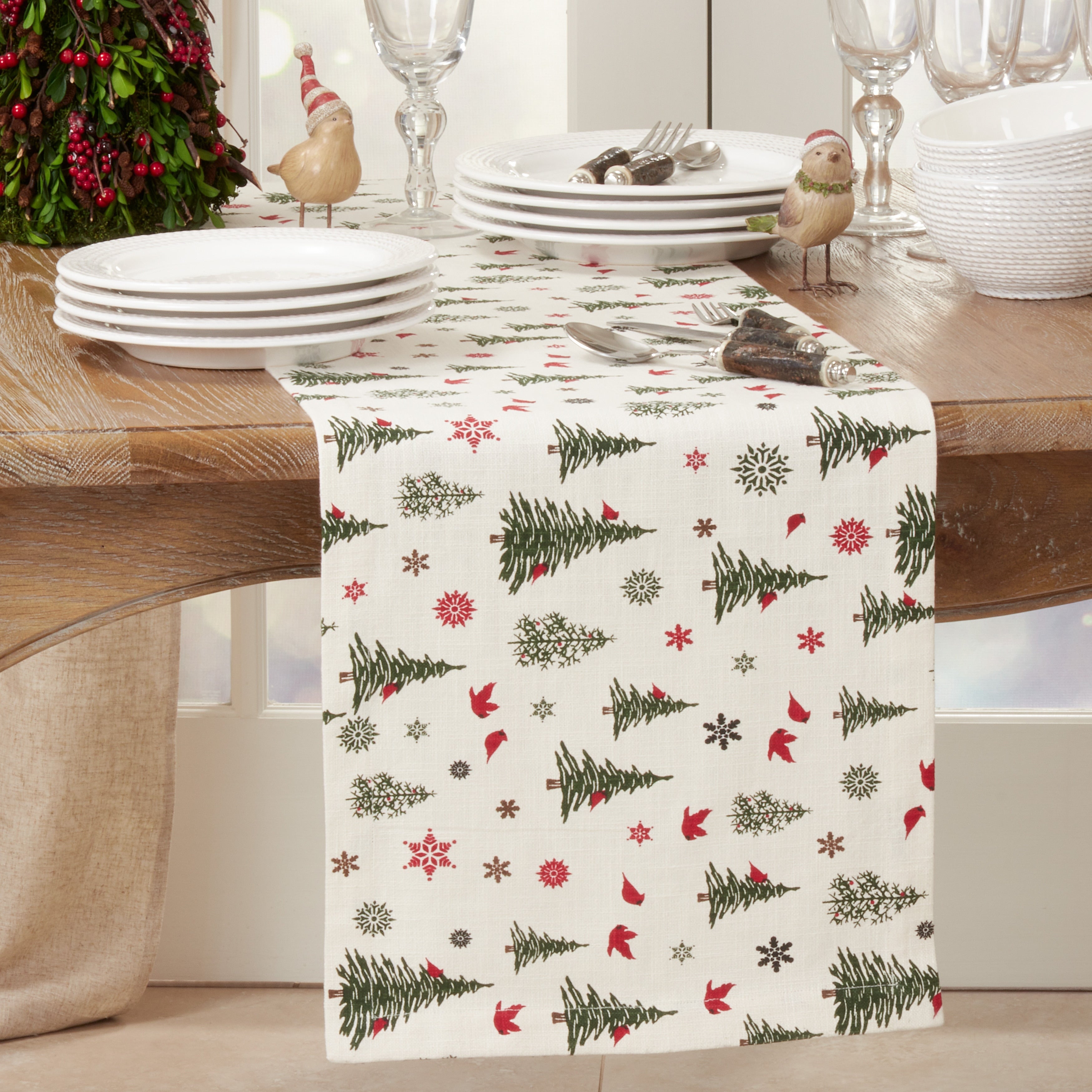 Long Table Runner With Christmas Tree Snowflakes Design