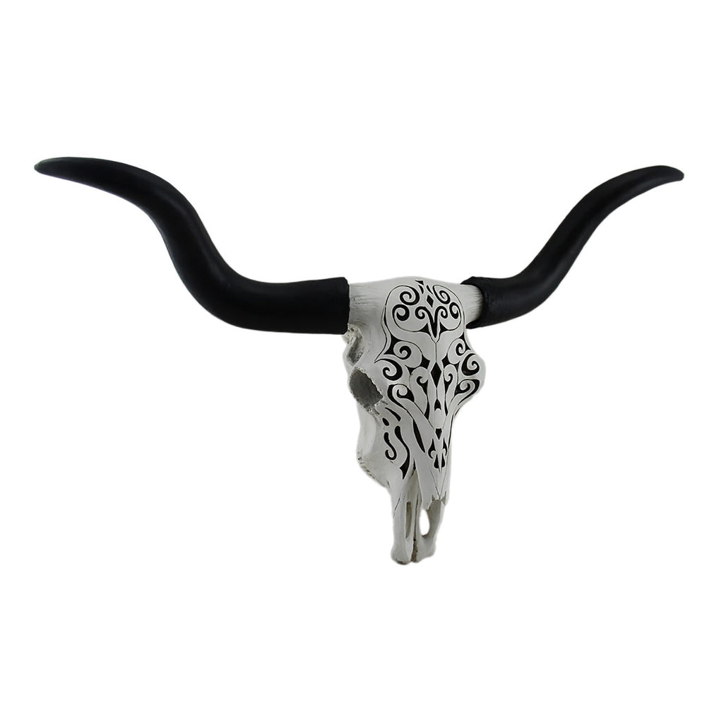 Longhorn And Lace Black White Filigree Design Hanging Steer Skull Statue 17.5 X 27.25 X 6 Inches
