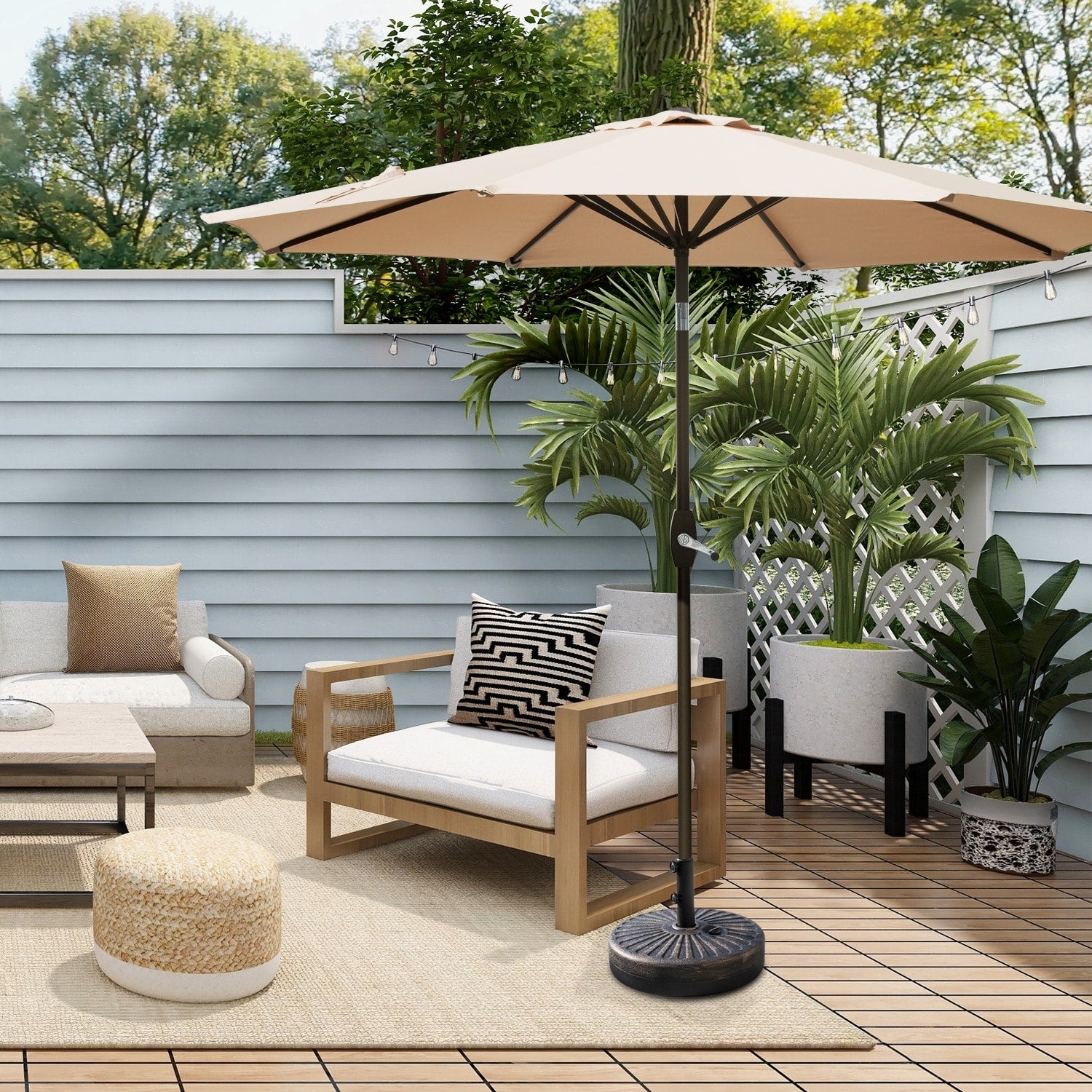 Aaron 9Ft Patio Umbrella With Round Bronze Free Standing Umbrella Base