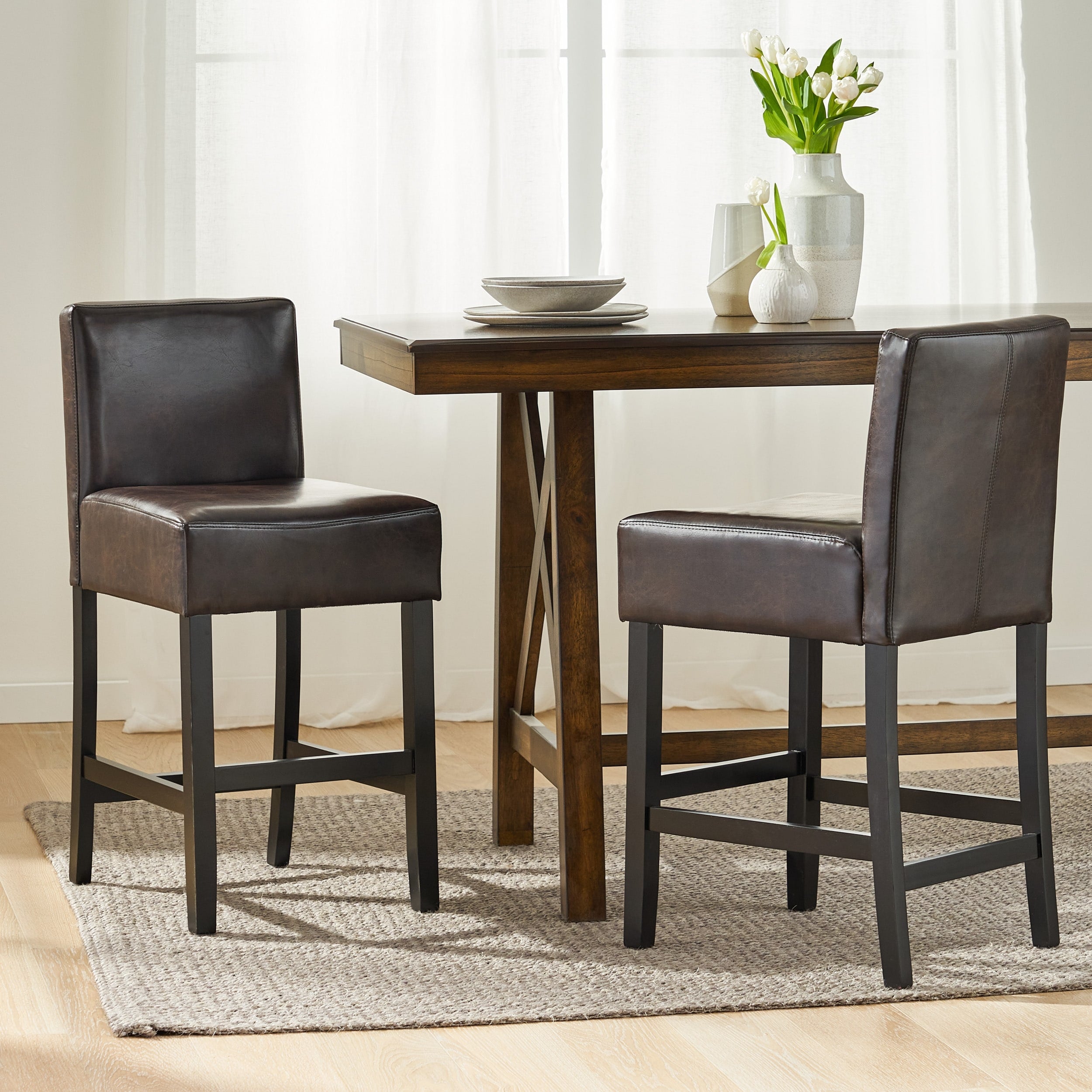 Lopez 26 Inch Brown Leather Counterstools Set Of 2 By Christopher Knight Home