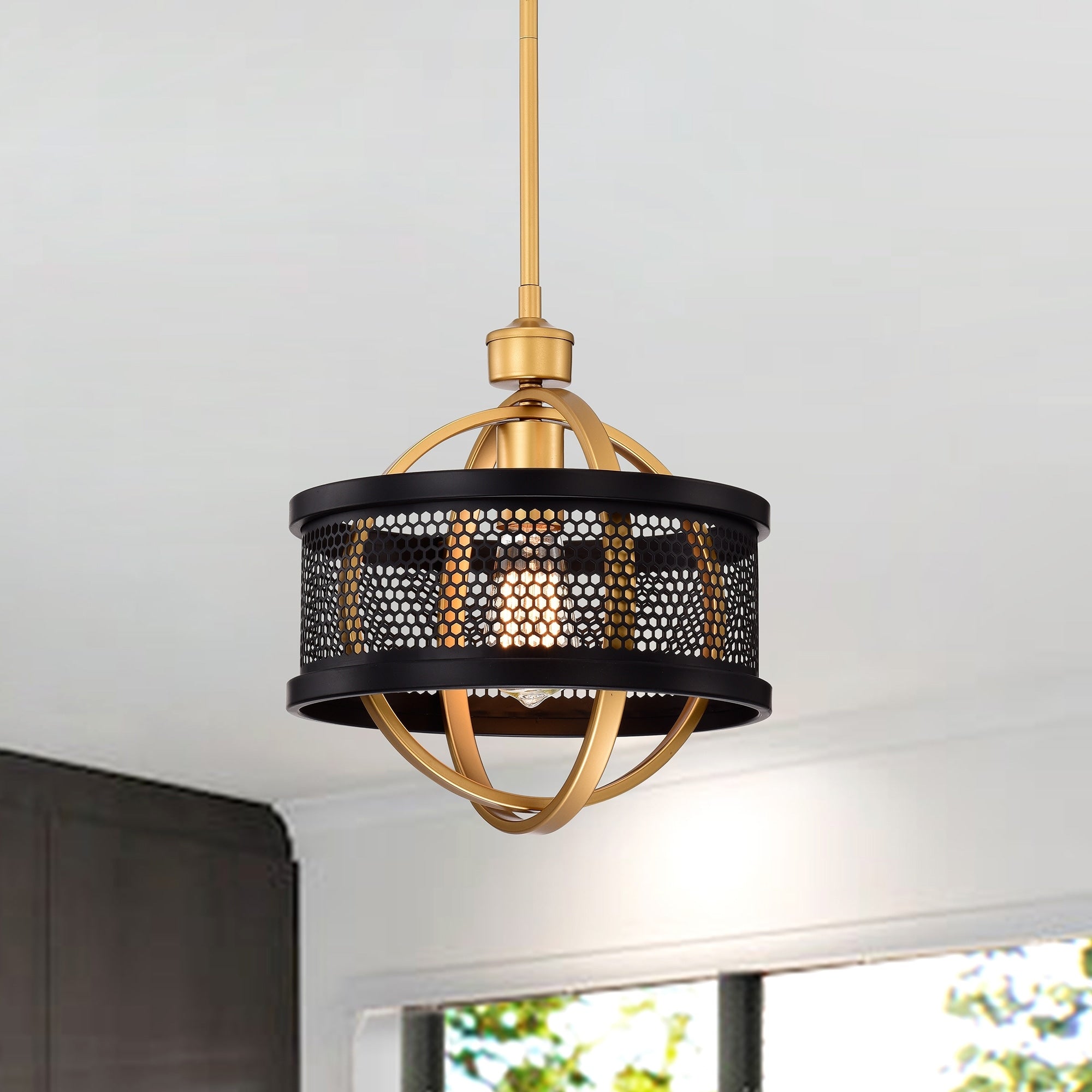 Lorelei Matte Black Gold 1 Light Metal Drum Shade Pendant Light