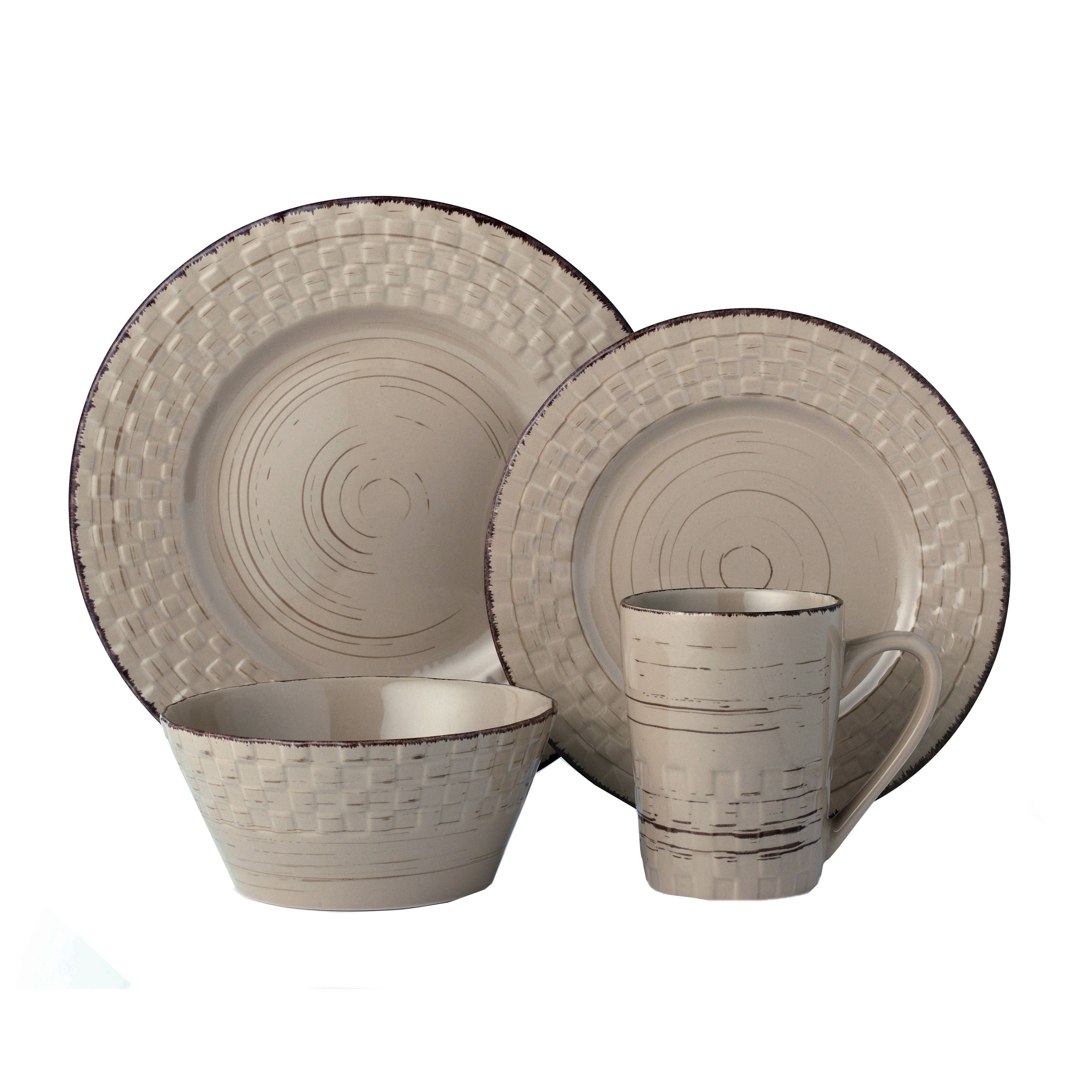 Lorren Home Trends 16 Piece Distressed Weave Dinnerware Set Mocca