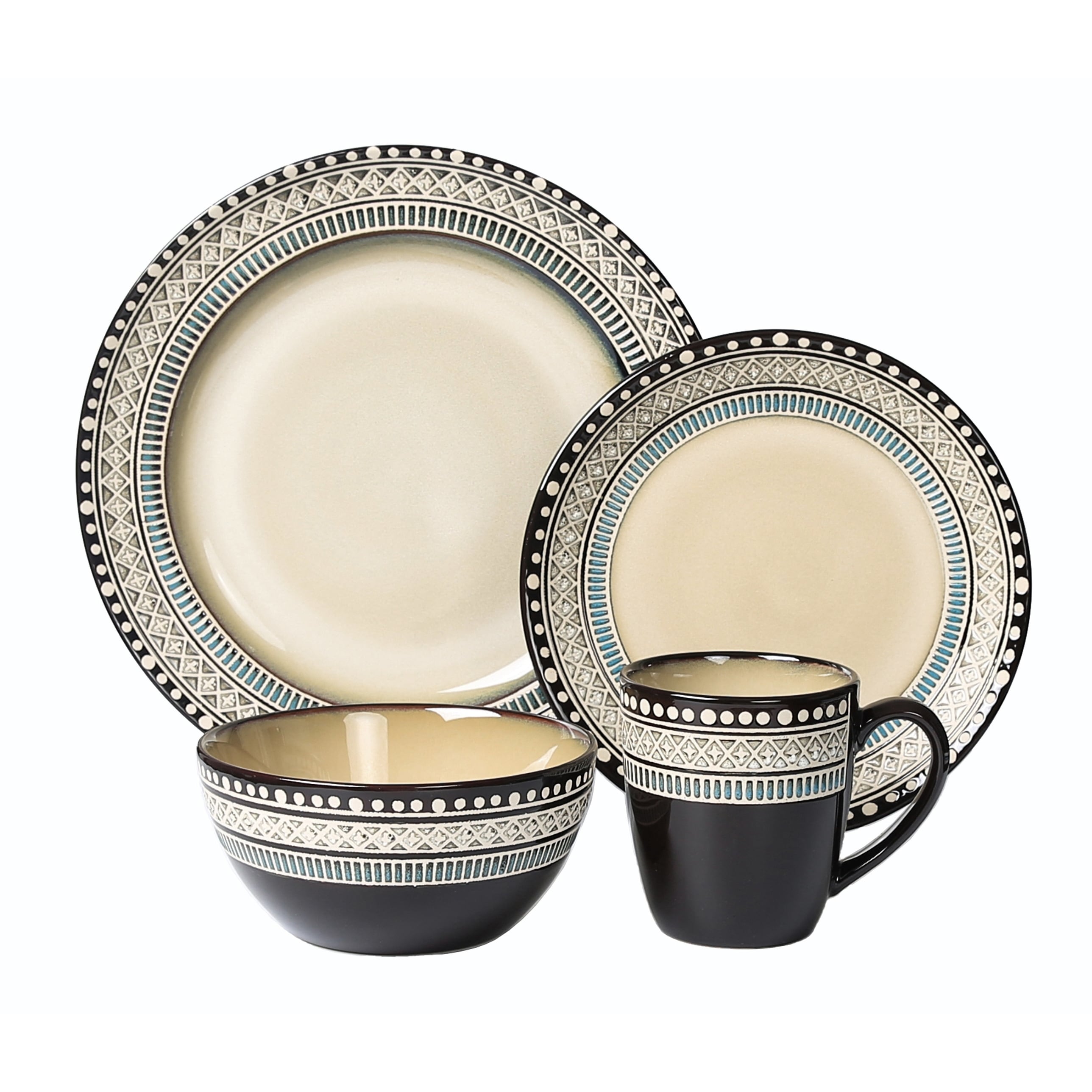 Lorren Home Trends 16 Piece Glazed Dinnerware Neutral And Blue Service For 4