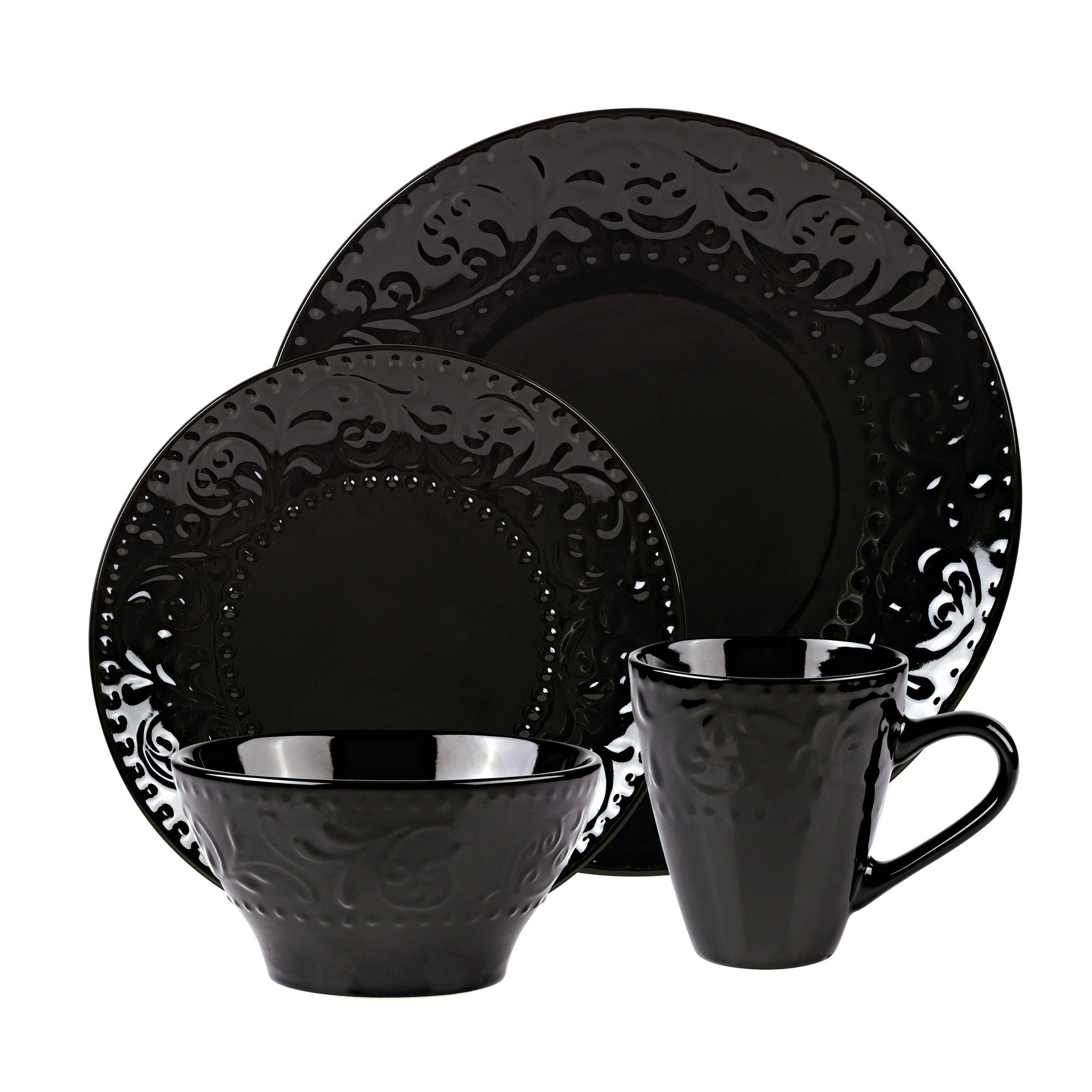 Lorren Home Trends 16 Piece Stoneware Scroll Dinnerware Set Black