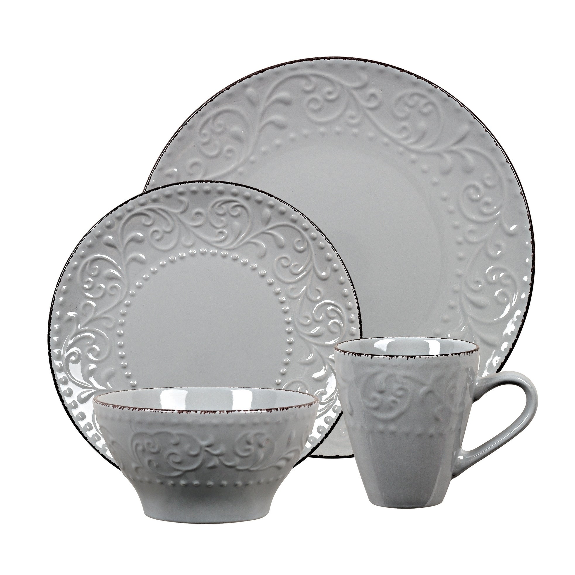 Lorren Home Trends 16 Piece Stoneware Scroll Dinnerware Set Gray