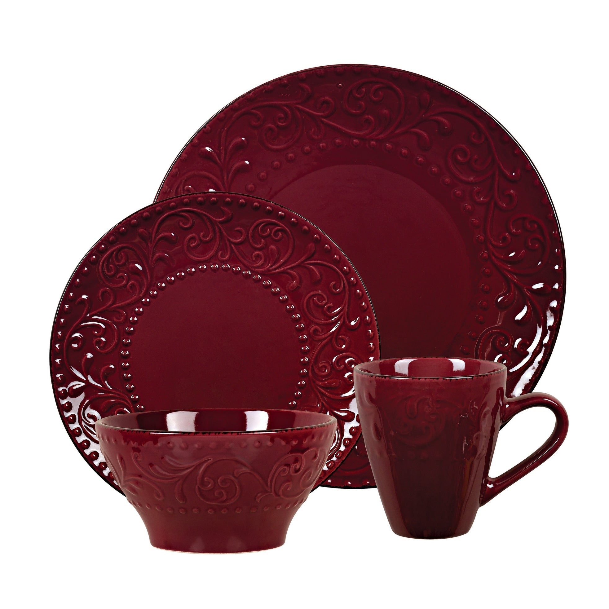 Lorren Home Trends 16 Piece Stoneware Scroll Dinnerware Set Merlot