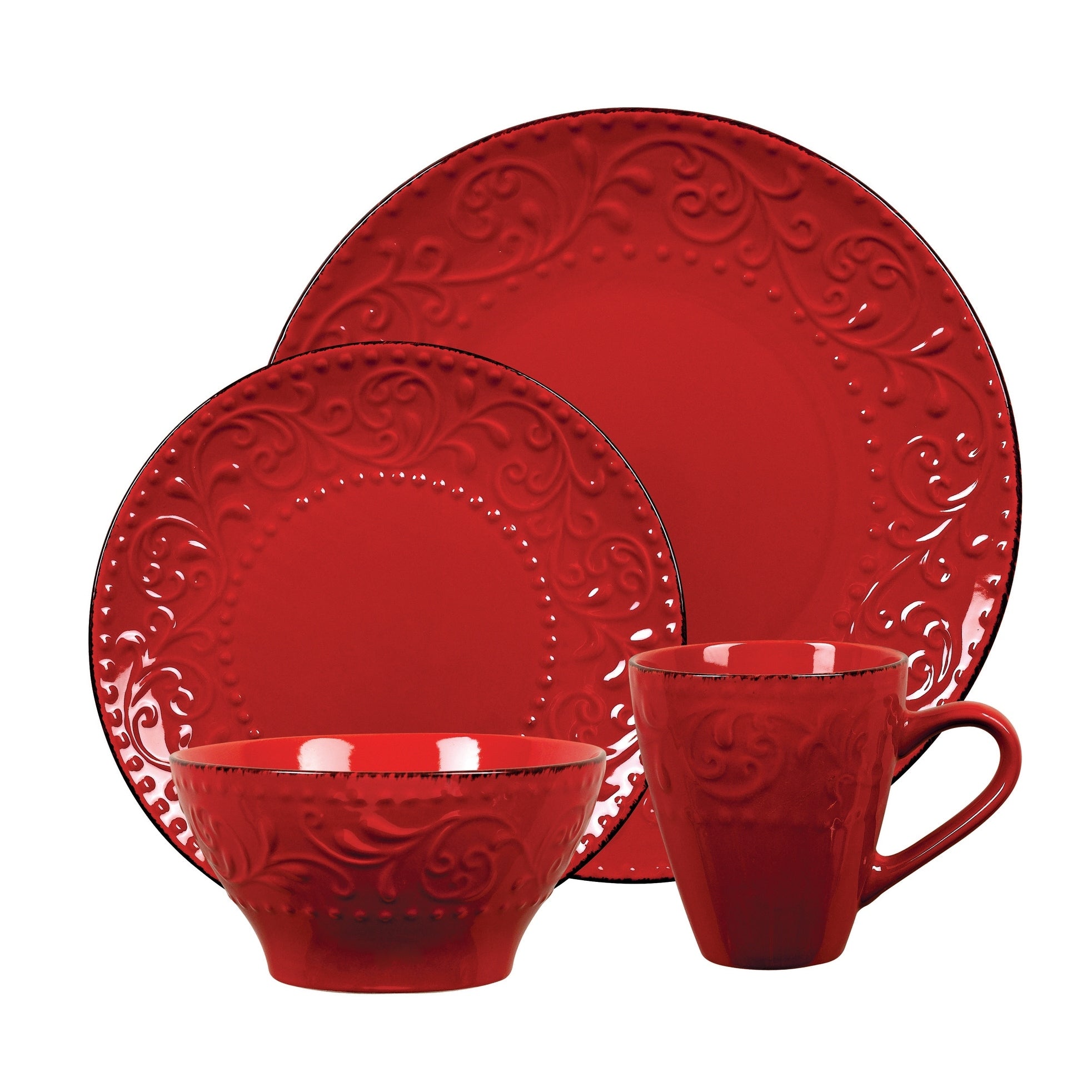 Lorren Home Trends 16 Piece Stoneware Scroll Dinnerware Set Red
