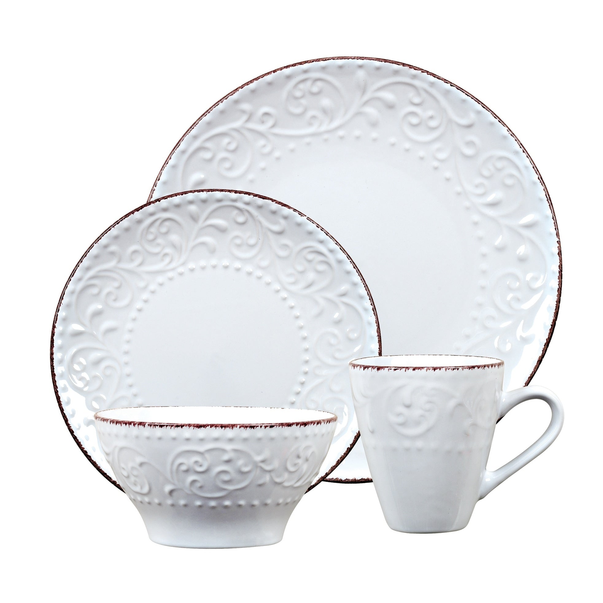 Lorren Home Trends 16 Piece Stoneware Scroll Dinnerware Set White