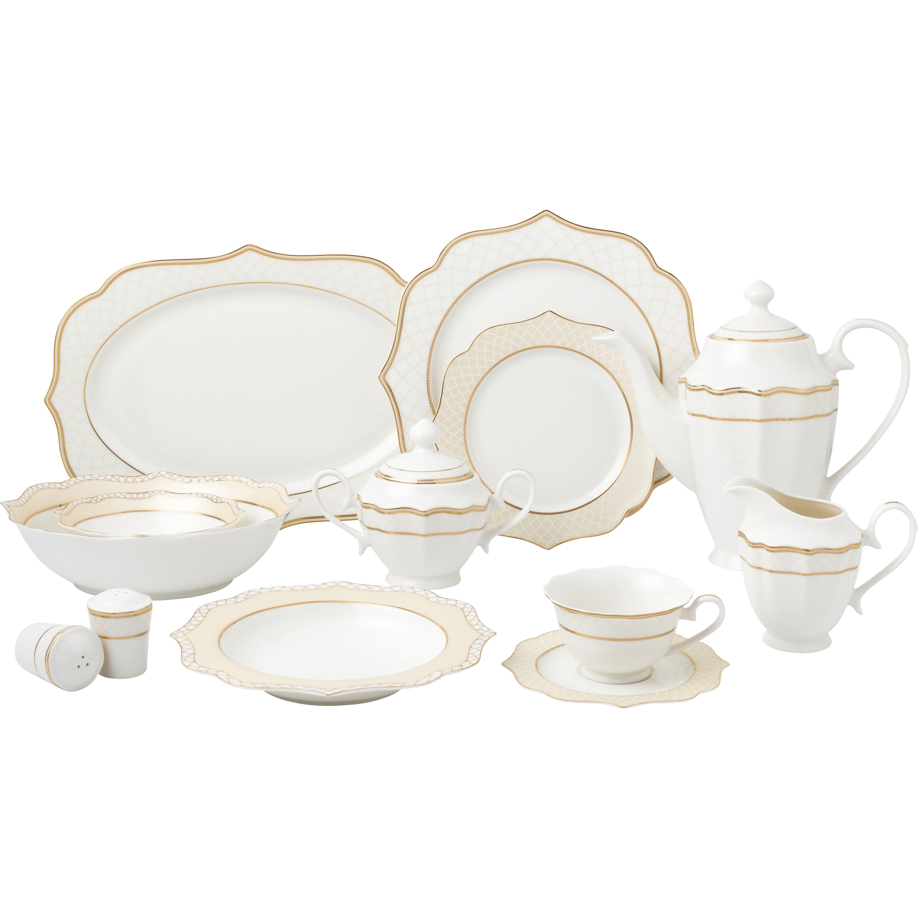 Lorren Home Trends 57 Piece Wavy Gold Mix And Match Bone China Service For 8