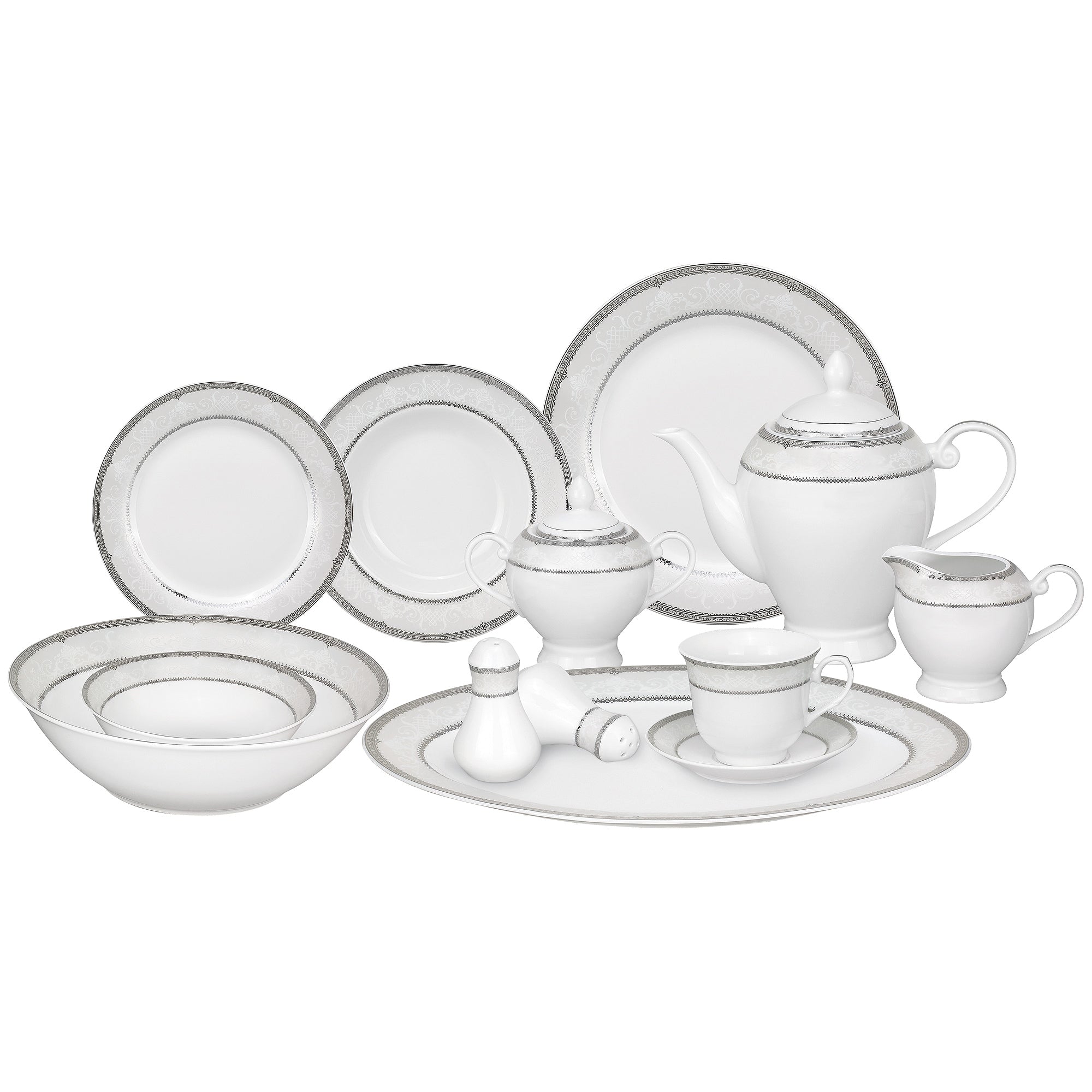Lorren Home Trends 57 Piece Porcelain Dinnerware Set With Silver Accent