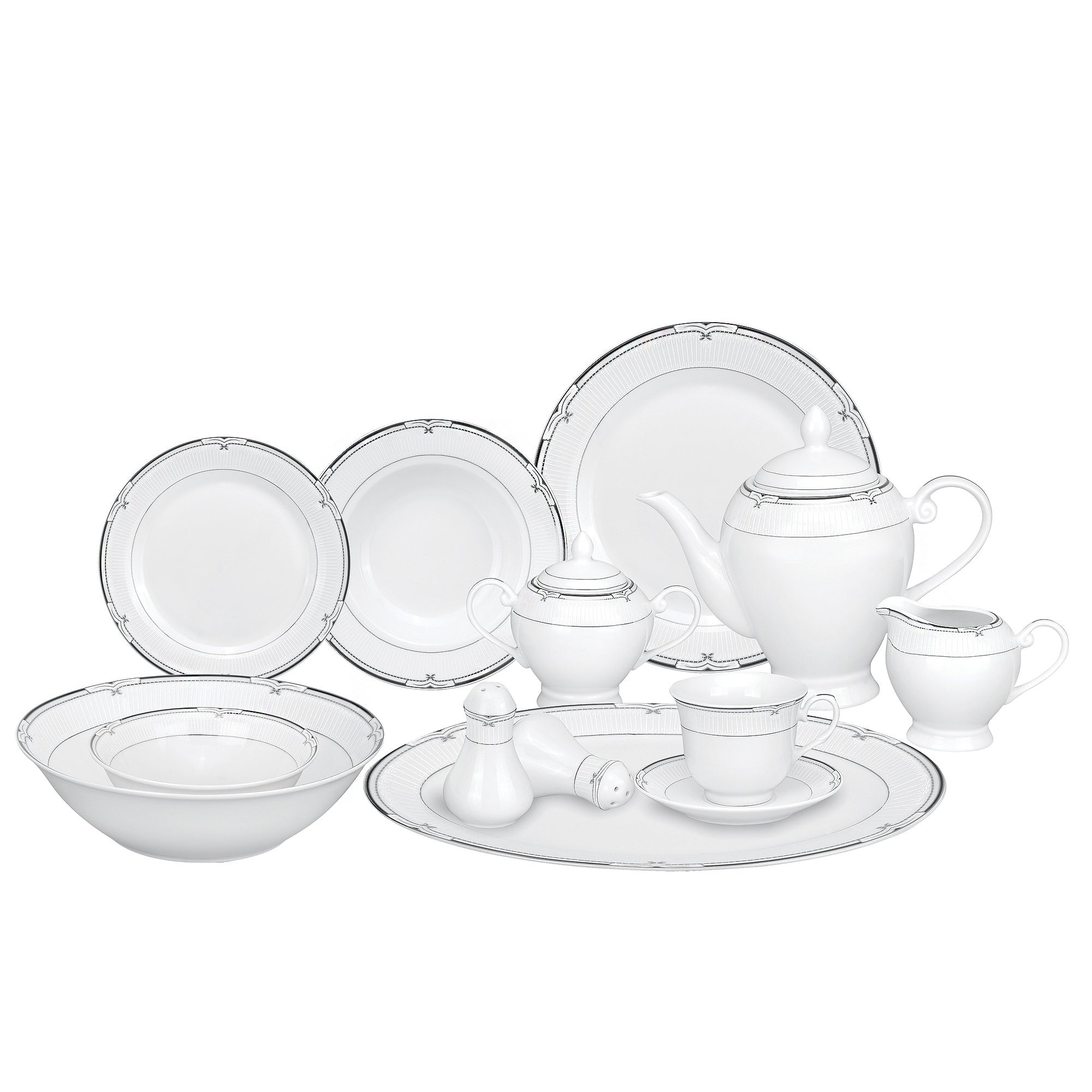 Lorren Home Trends Silver Black Accent 57 Piece Porcelain Dinnerware Set