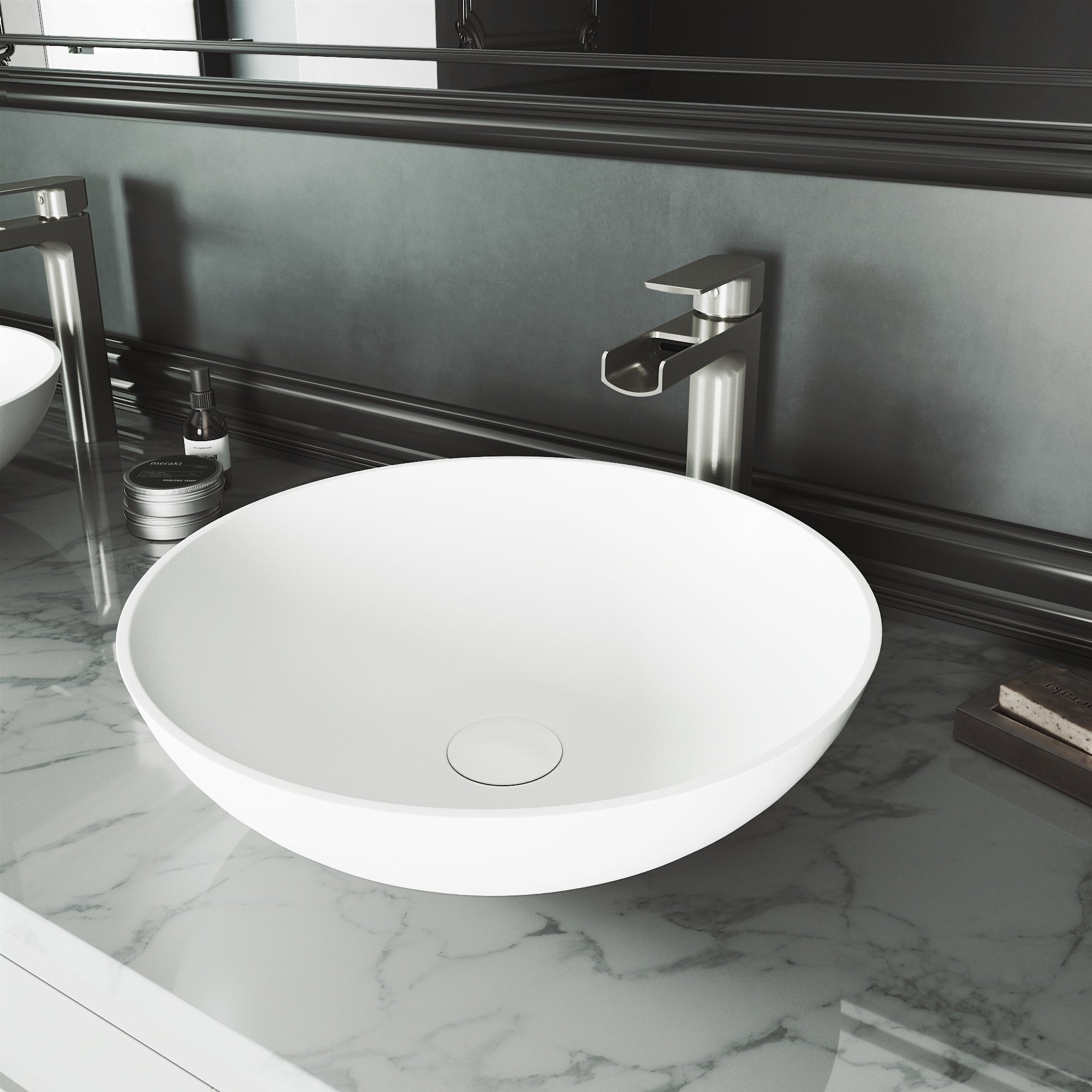 Lotus Matte Stone Round Vessel Bathroom Sink Set With Amada Faucet In Brushed Nickel