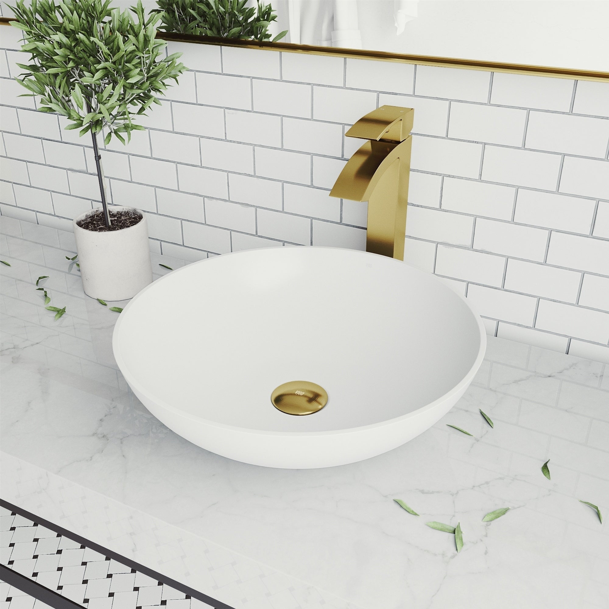 Lotus Matte Stone Round Vessel Bathroom Sink Set With Duris Faucet In Matte Gold