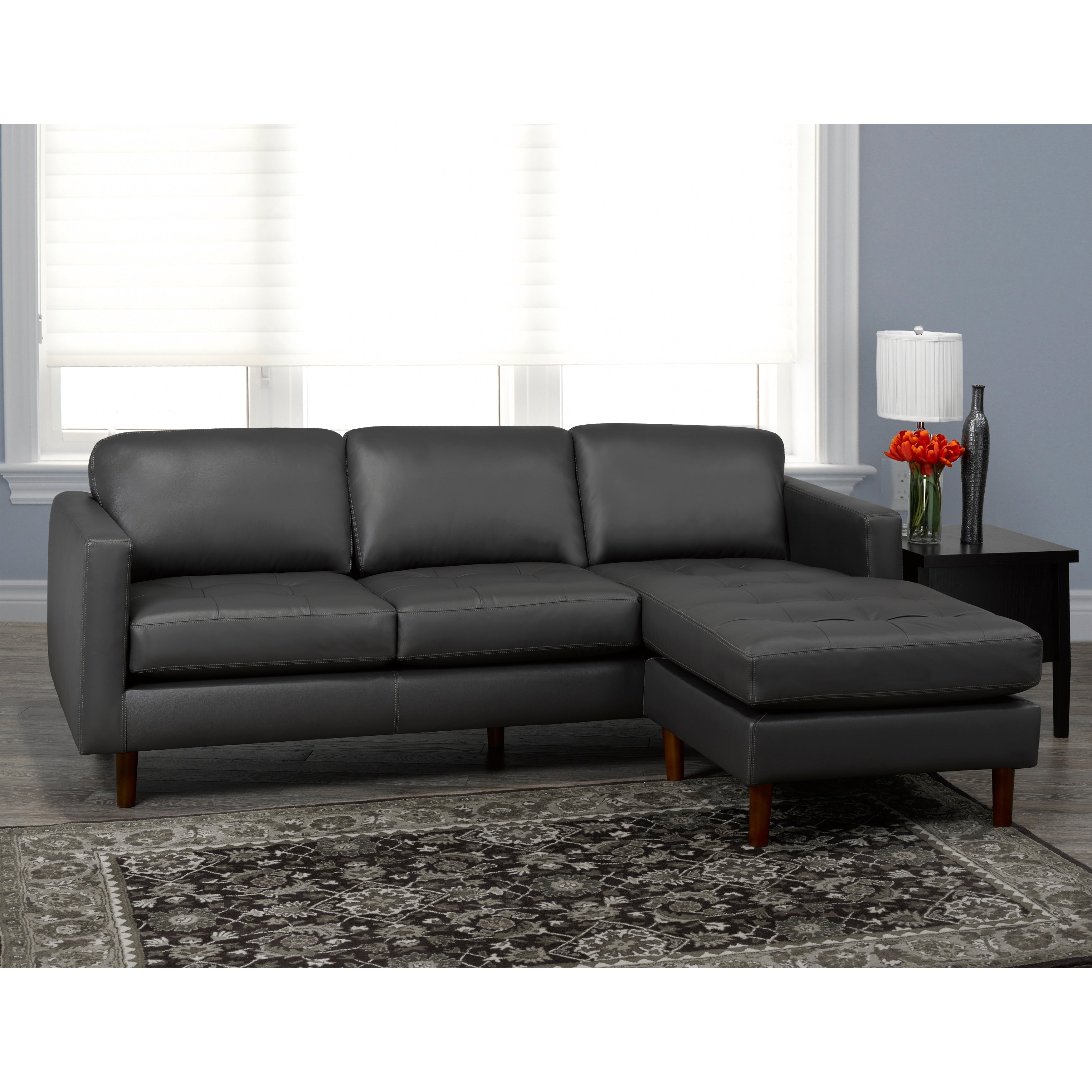 Lou Mid Century Modern Dark Grey Top Grain Leather Tufted Sectional Sofa
