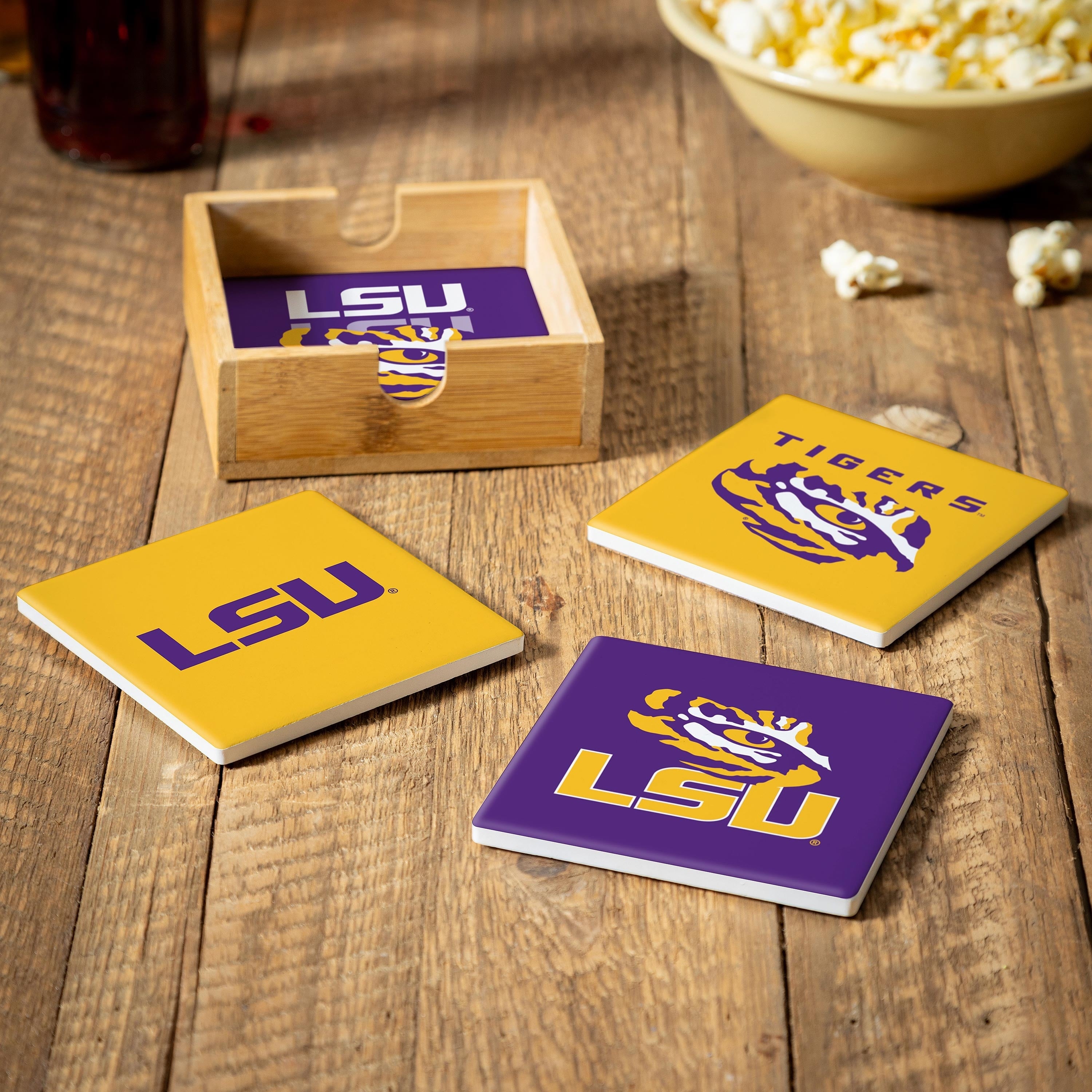 Louisiana State University 4 Piece Ceramic Coasters Set With Wood Caddy