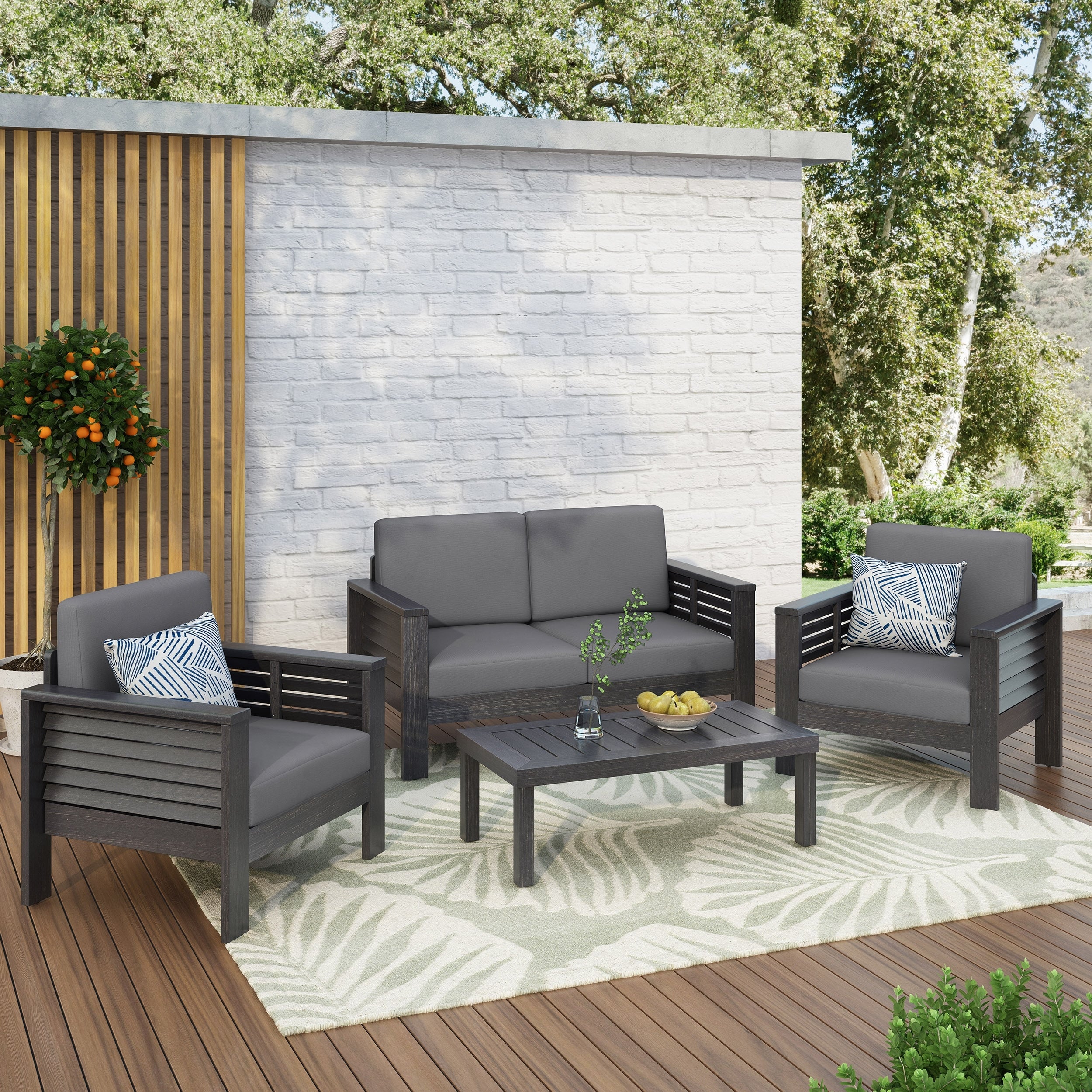 Louver Outdoor Acacia Wood Outdoor 4Pc Chat Set With Cushions By Christopher Knight Home