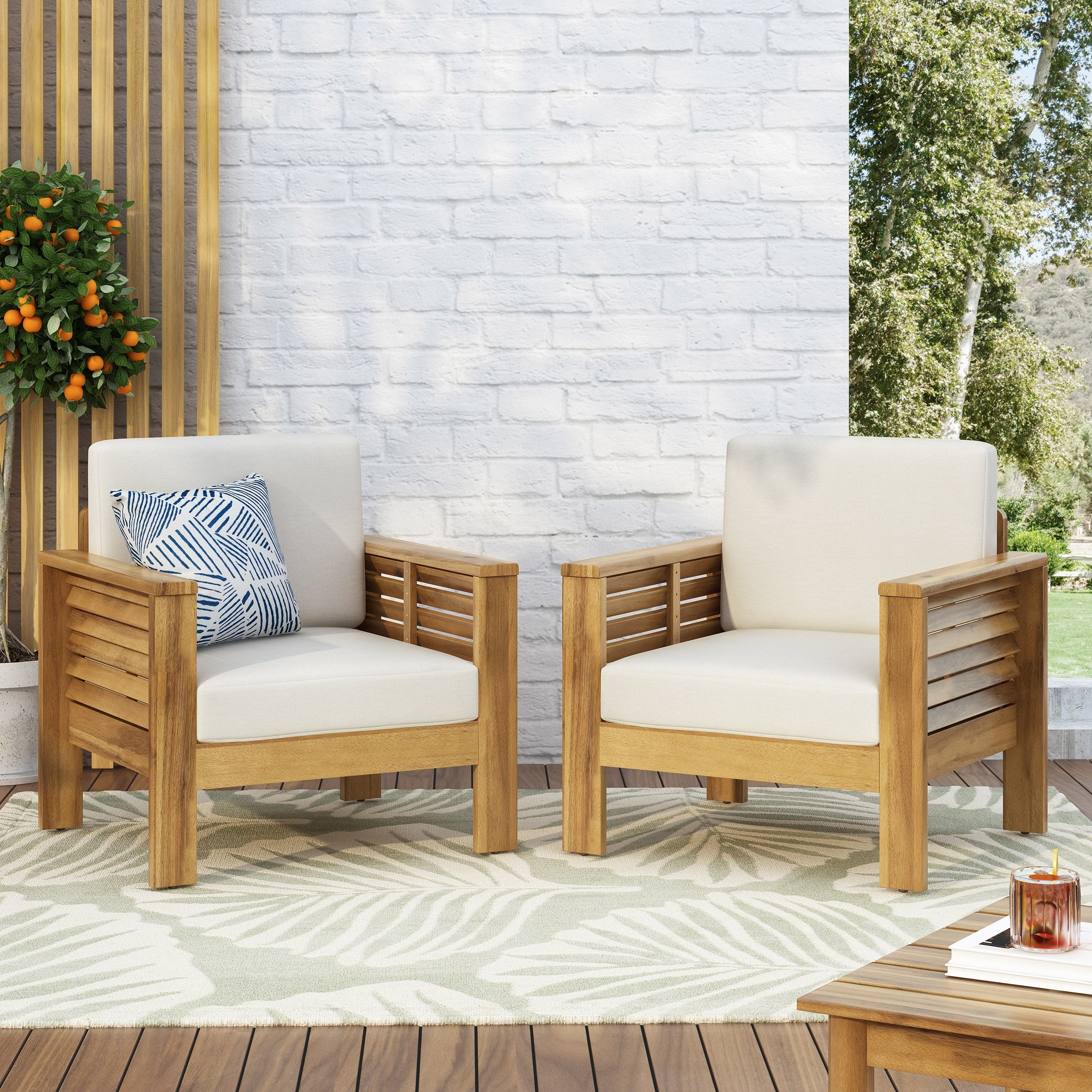 Louver Outdoor Acacia Wood Outdoor Club Chair With Cushions By Christopher Knight Home
