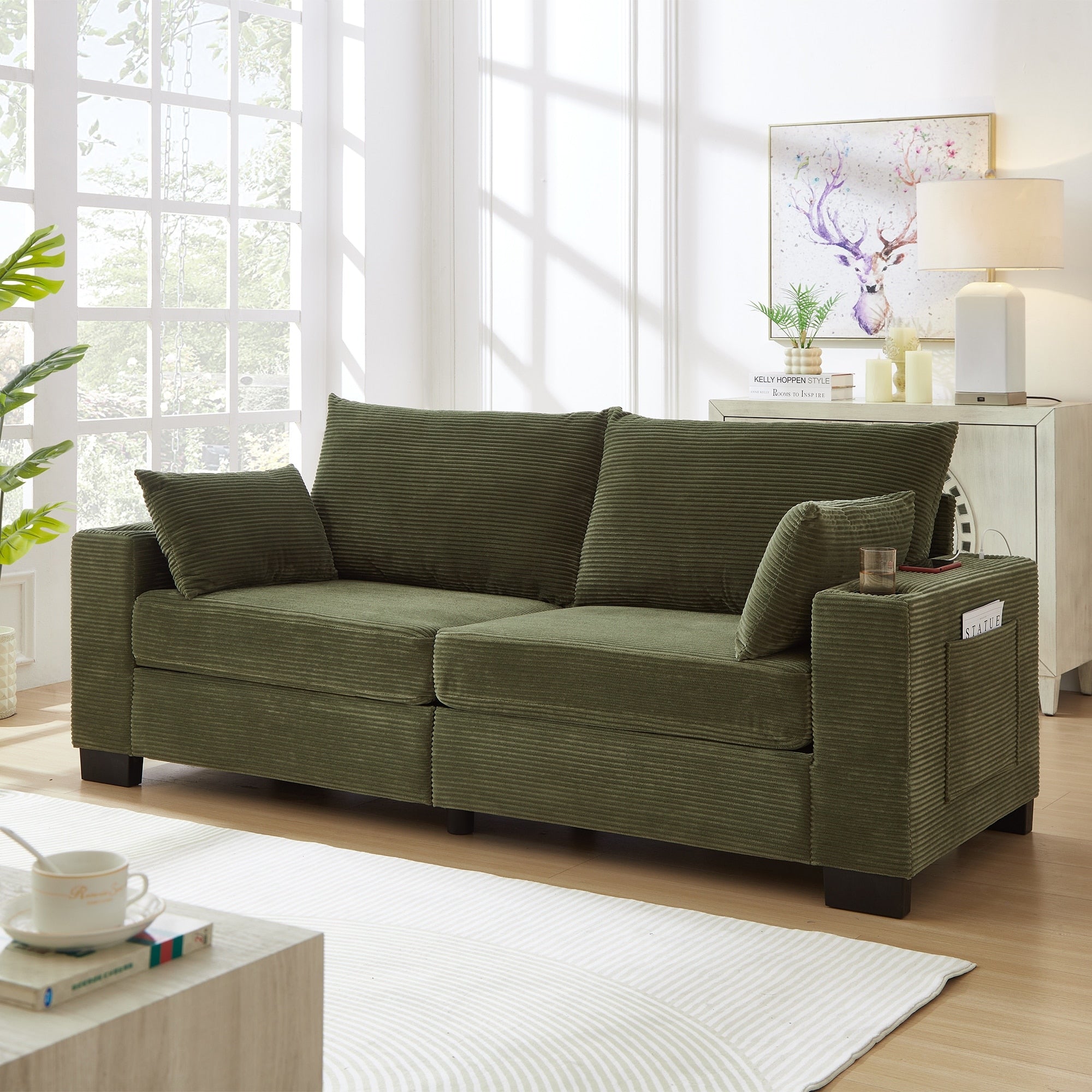 Loveseat Sofa Couch Green Floor Sofa Bed Lounge Sleeper Bed Accent Couch Settee With Cup Holders And Pockets