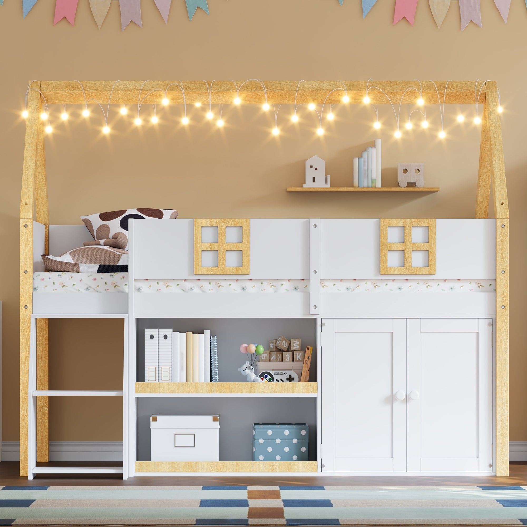 Low Profile Loft Bed With Step Staircase Storage Cabinets Led Lights Shelving Available In Full Or Twin