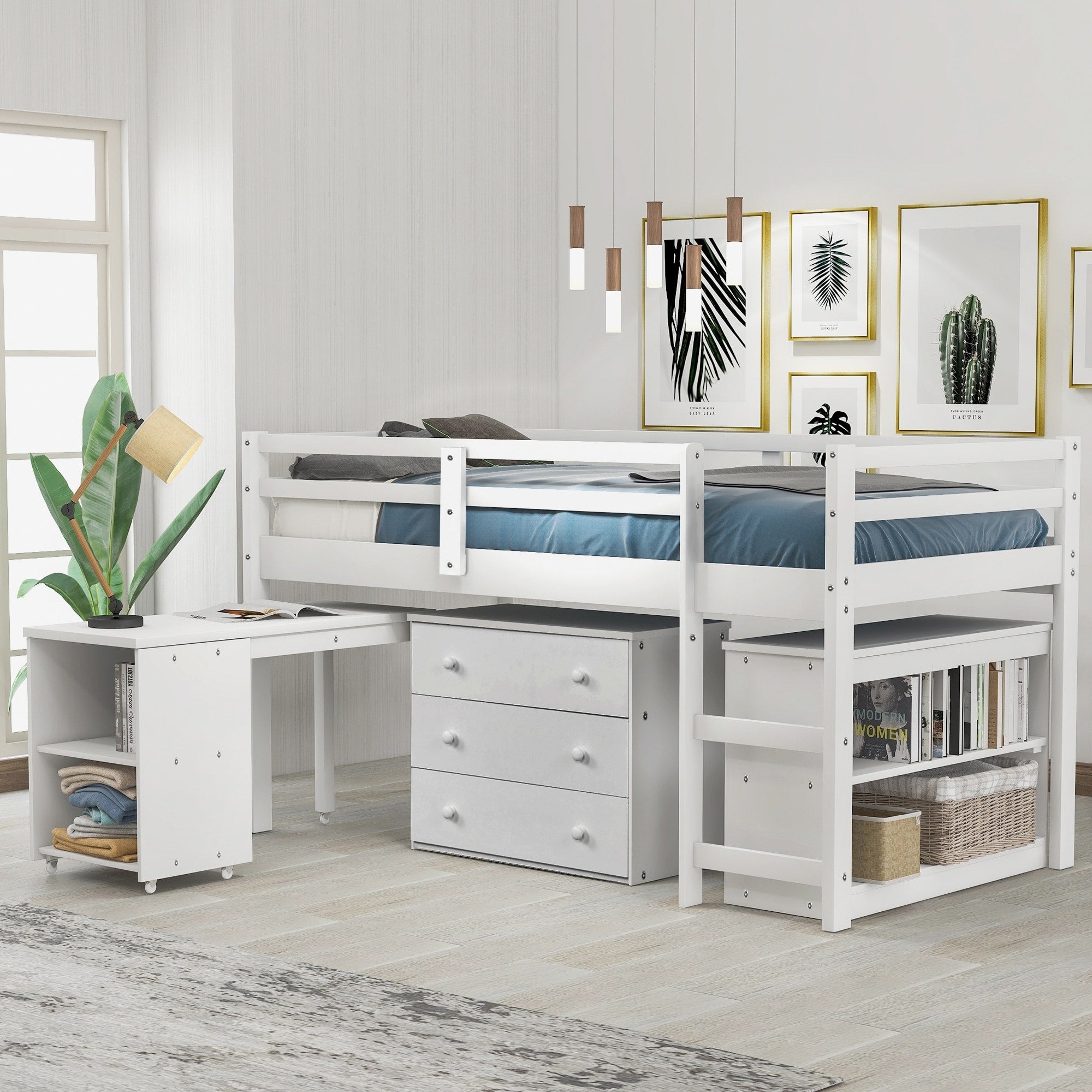 Low Study Twin Loft Bed With Rolling Desk And Storage Cabinet