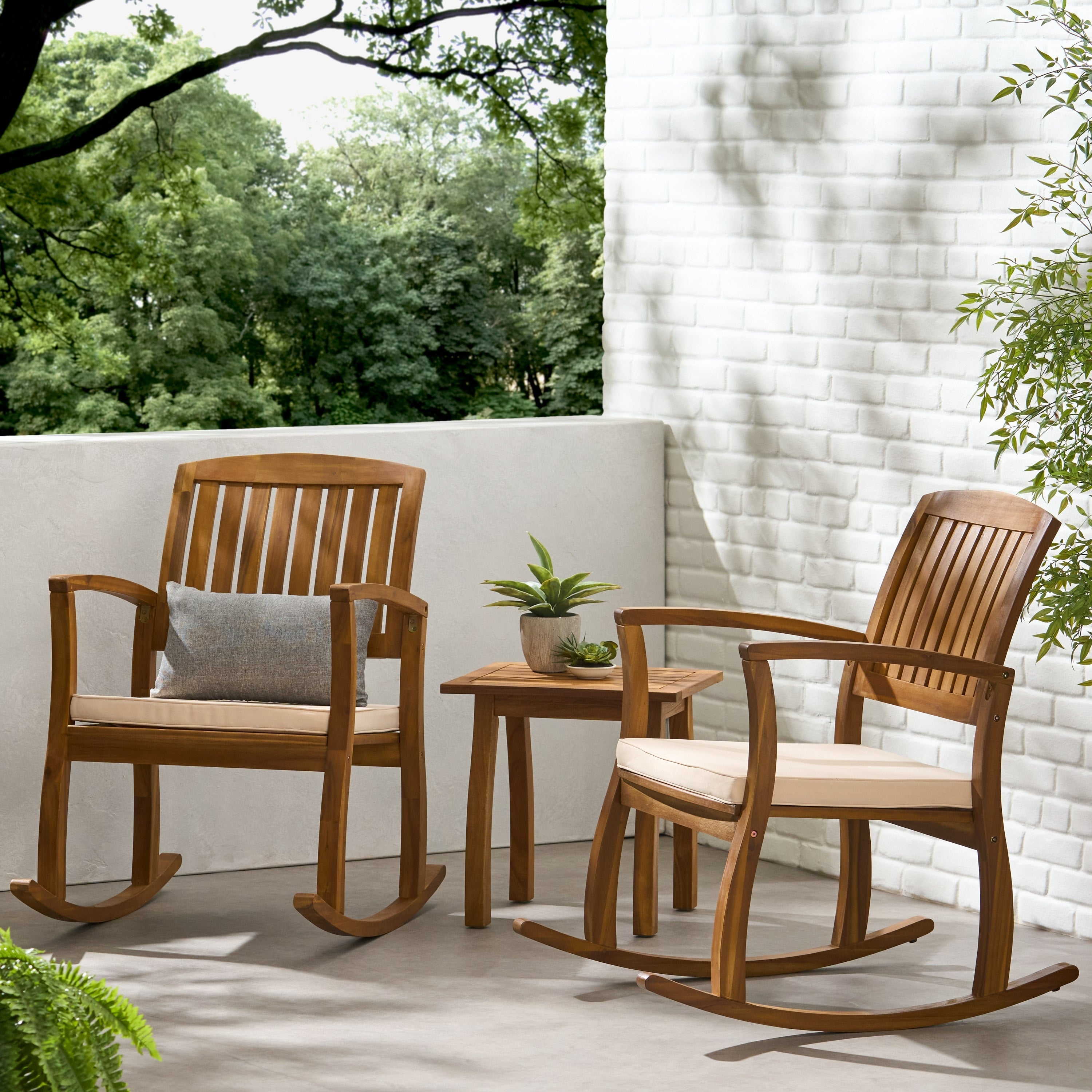 Lucca Outdoor Acacia Wood 3 Piece Rocking Chair Set With Cushion By Christopher Knight Home