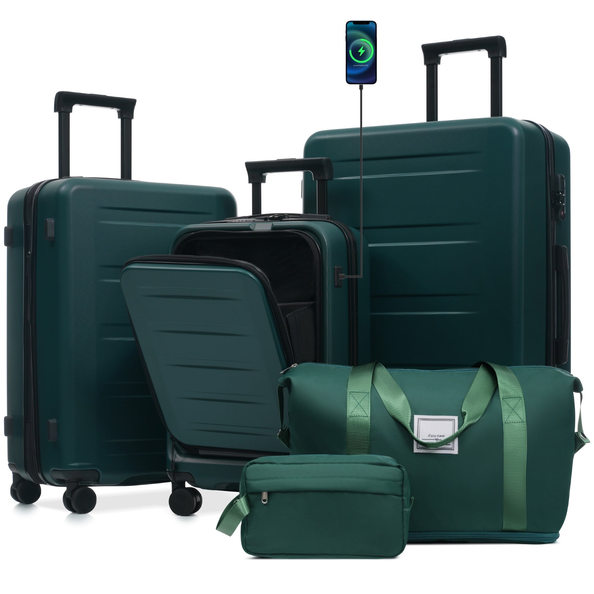 Luggage Sets 5 Piece With Front Opening Hardside Expandable Carry On Suitcase Set With Double Spinner Wheel With Usb Port