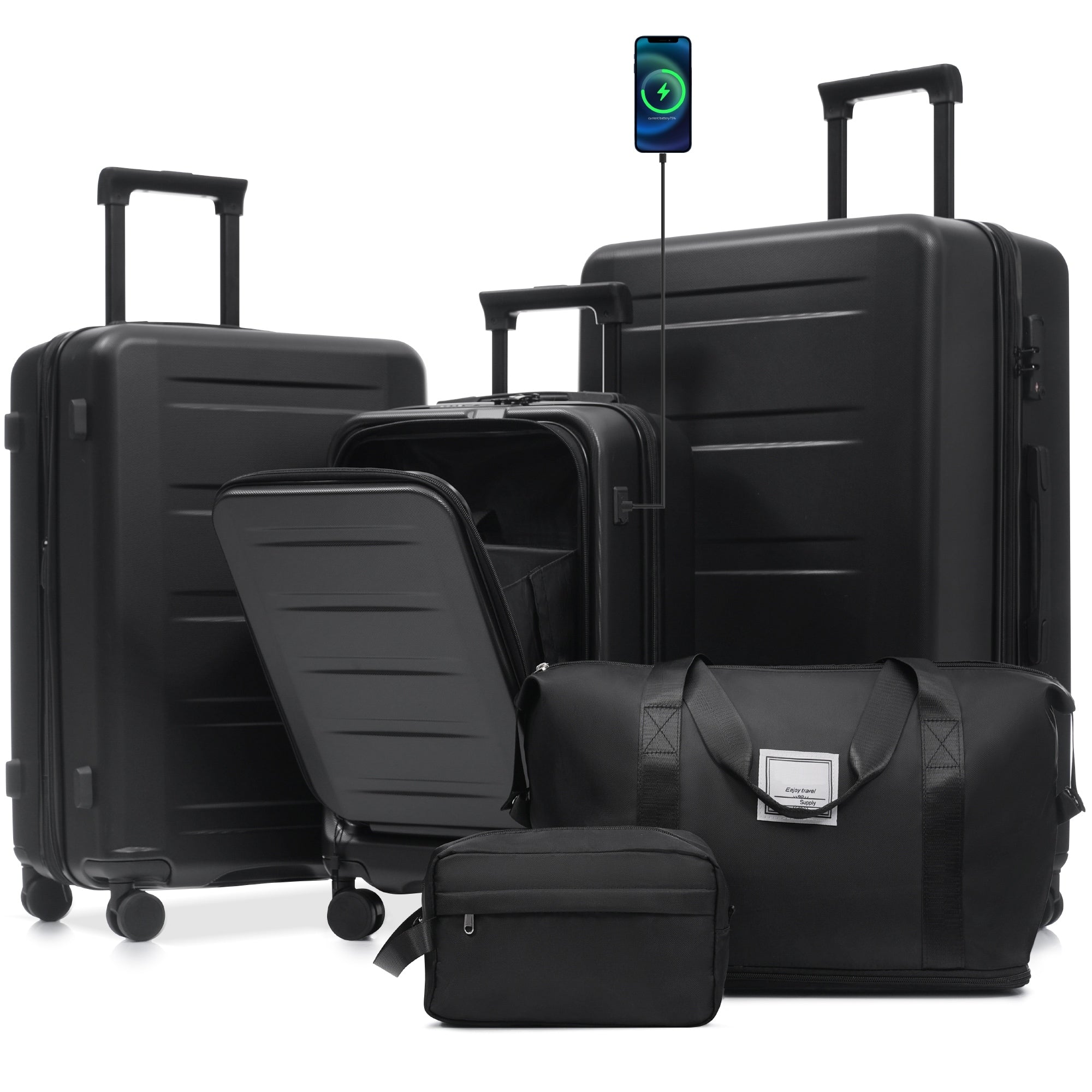 Luggage Sets 5 Piece With Front Opening Hardside Expandable Carry On Suitcase Set With Double Spinner Wheel With Usb Port