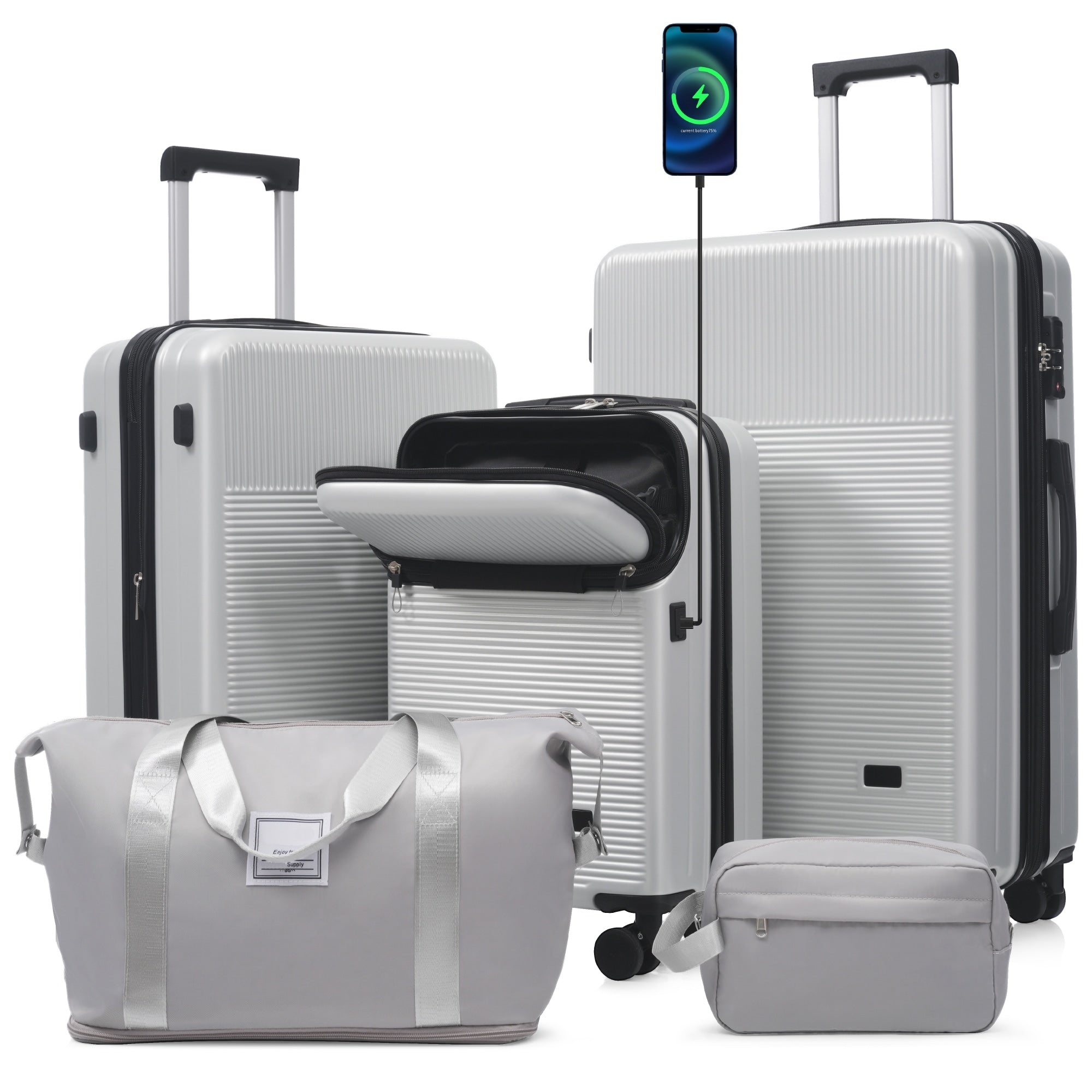 Luggage Sets 5 Piece With Half Opening Hardside Carry On Suitcase Set With Double Spinner Wheel With Usb Port Tsa Locks