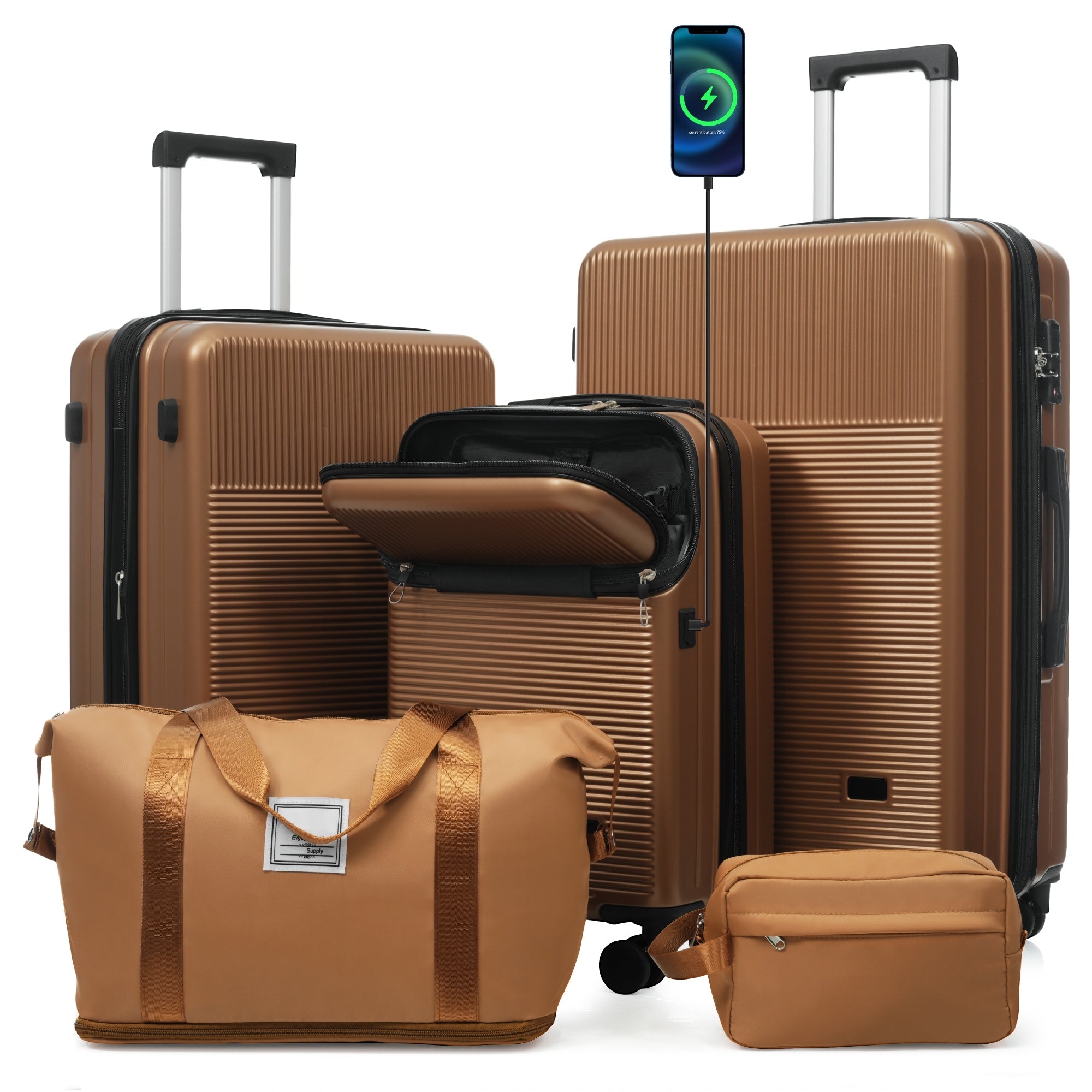 Luggage Sets 5 Piece With Half Opening Hardside Carry On Suitcase Set With Double Spinner Wheel With Usb Port Tsa Locks