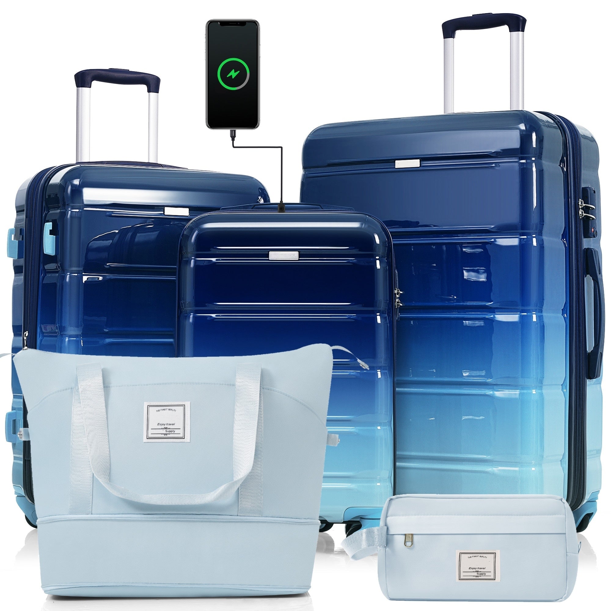 Luggage Sets 5 Piece 20 Inch With Usb Port Abs Durable Suitcase With Travel Bag Abs Pc Hard Shell Luggage With Spinner Wheels