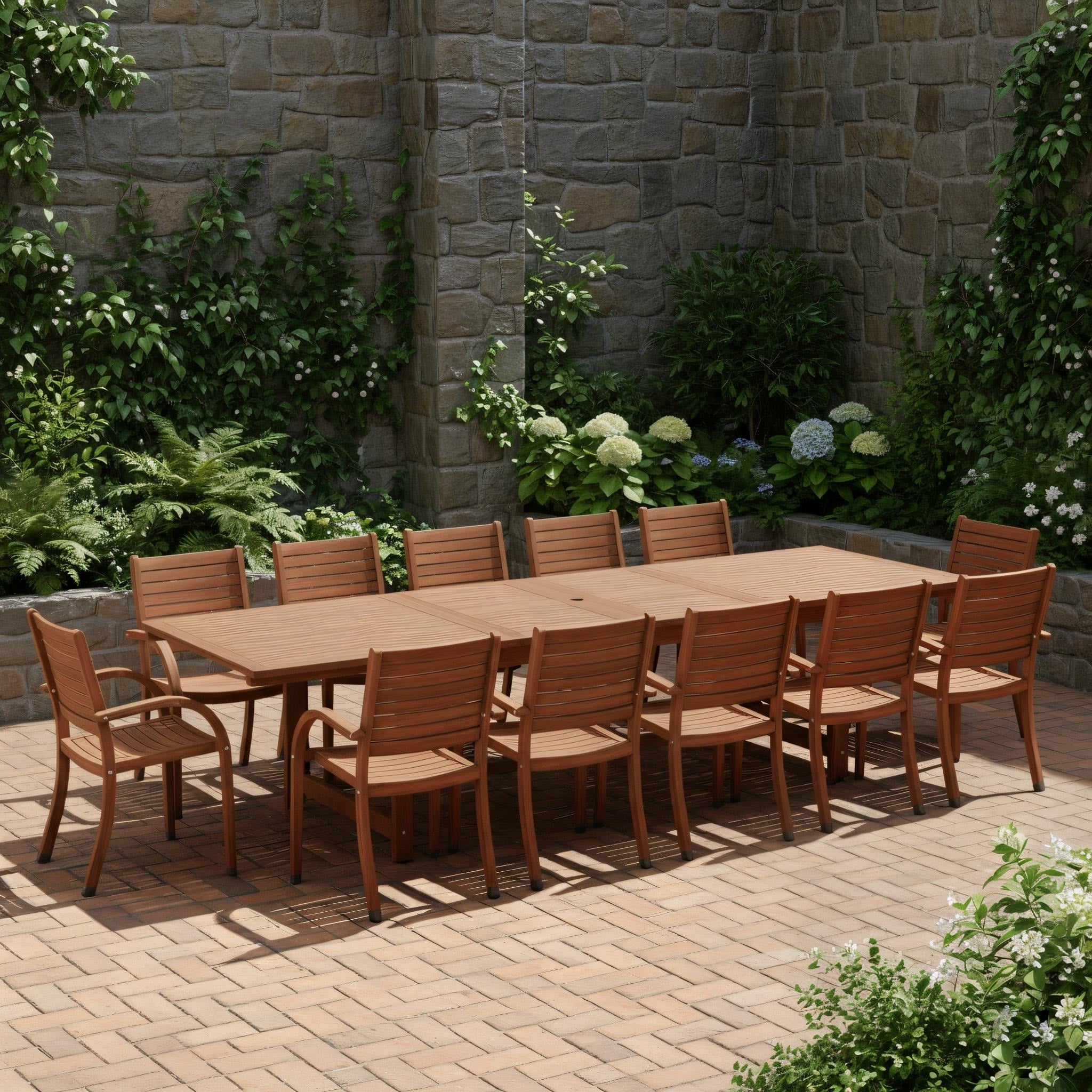 Luma 13 Piece Outdoor Rectangular Extendable Dining Table And Chairs Set Eucalyptus Wood Ideal For Patio Brown 13 Pc