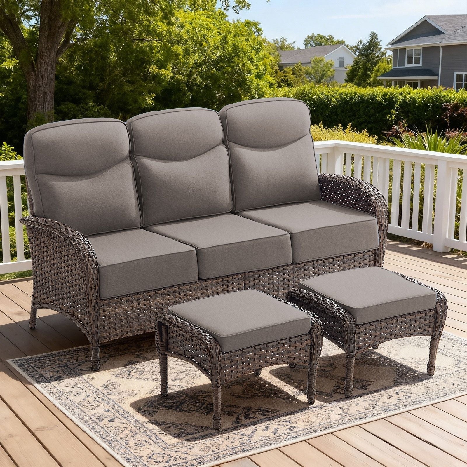 Luna 3 Seat Wicker Patio Sofa With 6 Inch Thick Cushions And 2 Ottomans