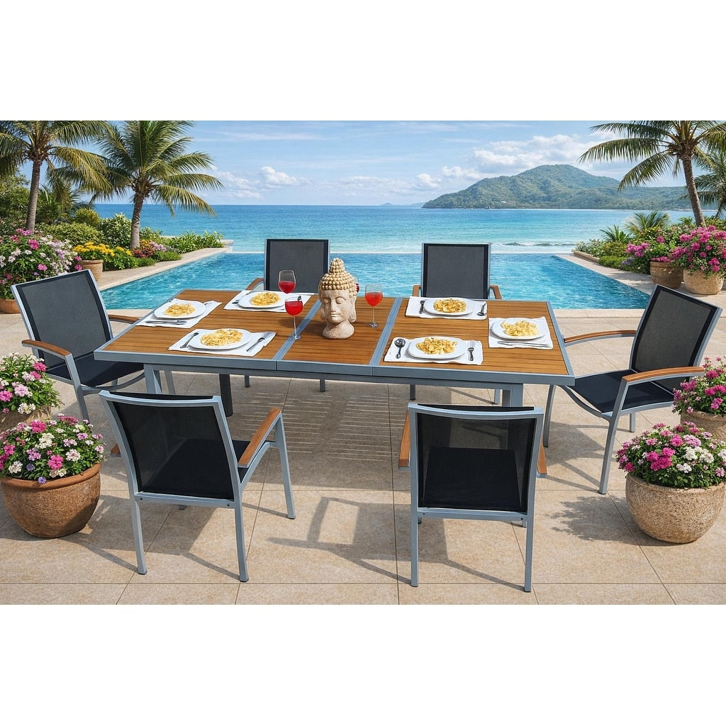 Luna Light Grey 7 Piece Aluminum Outdoor Dining Set With Sling Set In Black N A