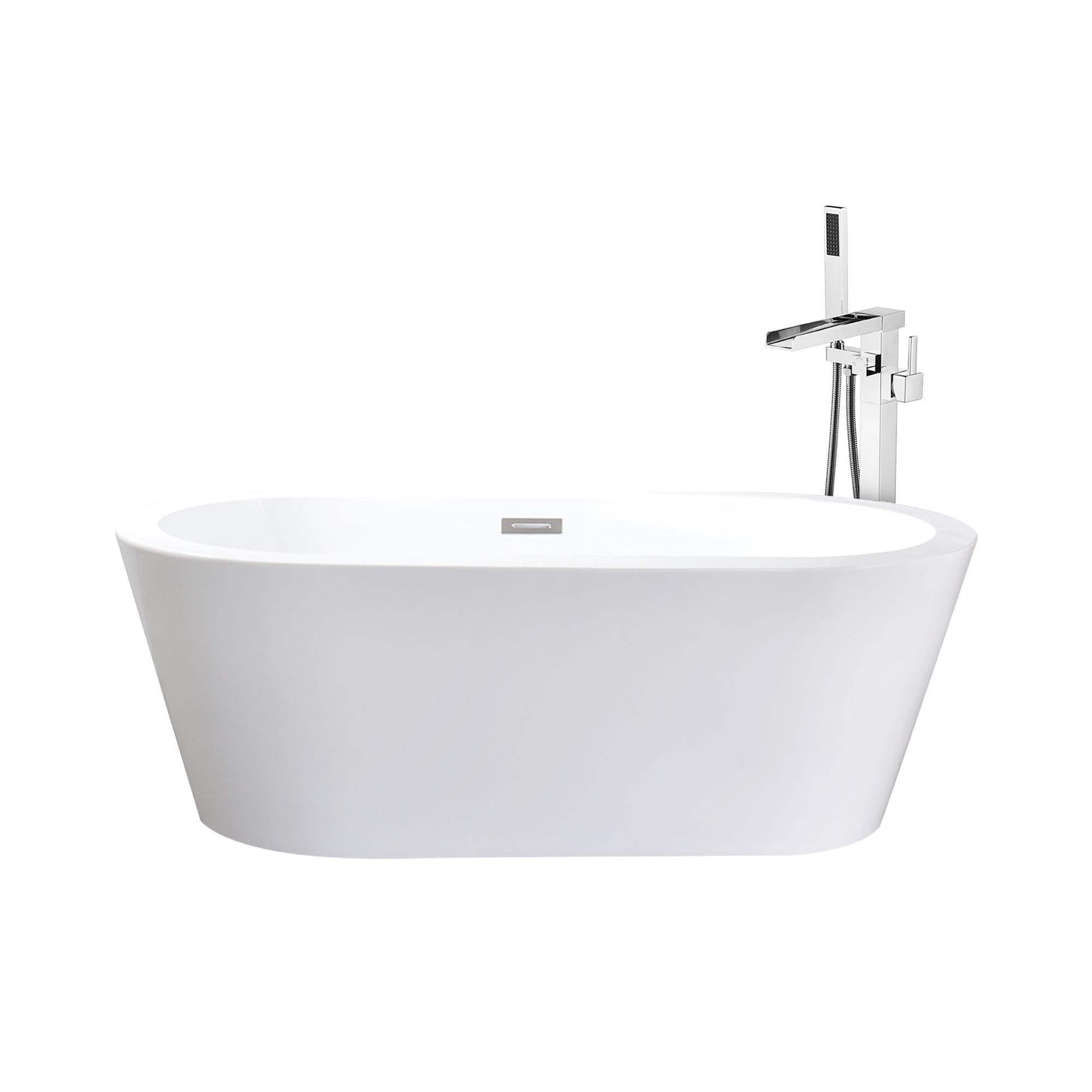 Lure White Freestanding Acrylic Flatbottom Soaking Bathtub With Chrome Hardware And Cascata Tub Filler