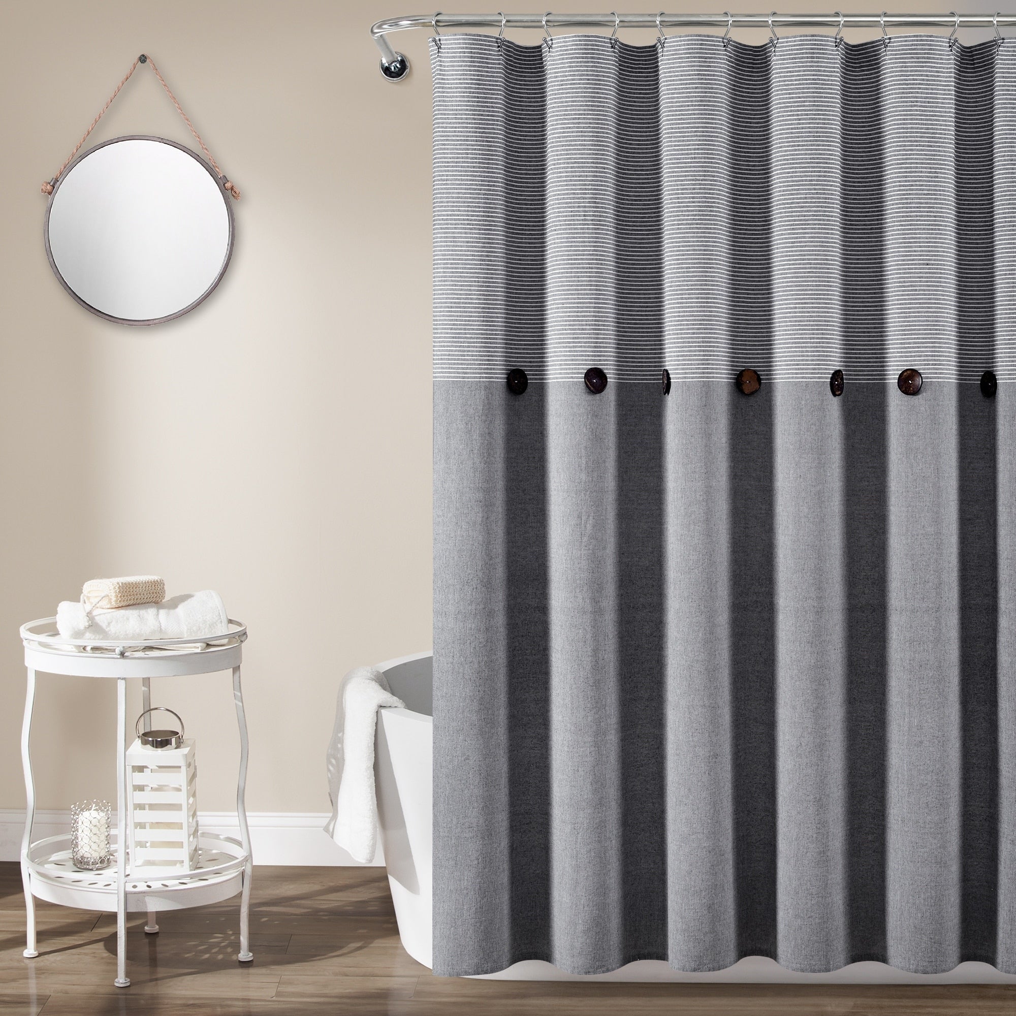 Lush Decor Farmhouse Button Stripe Yarn Dyed Woven Cotton Shower Curtain