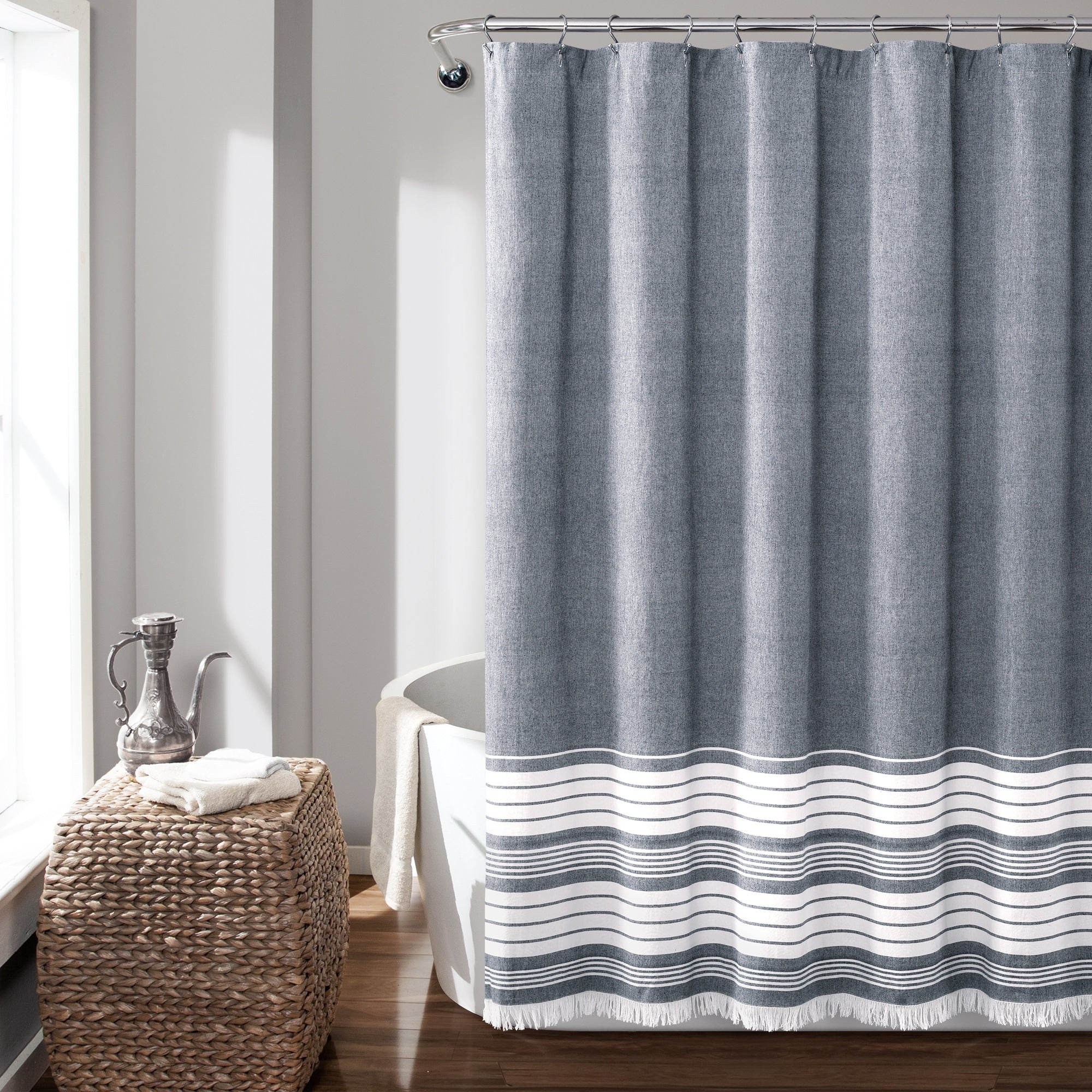 Lush Decor Nantucket Yarn Dyed Cotton Tassel Fringe Shower Curtain