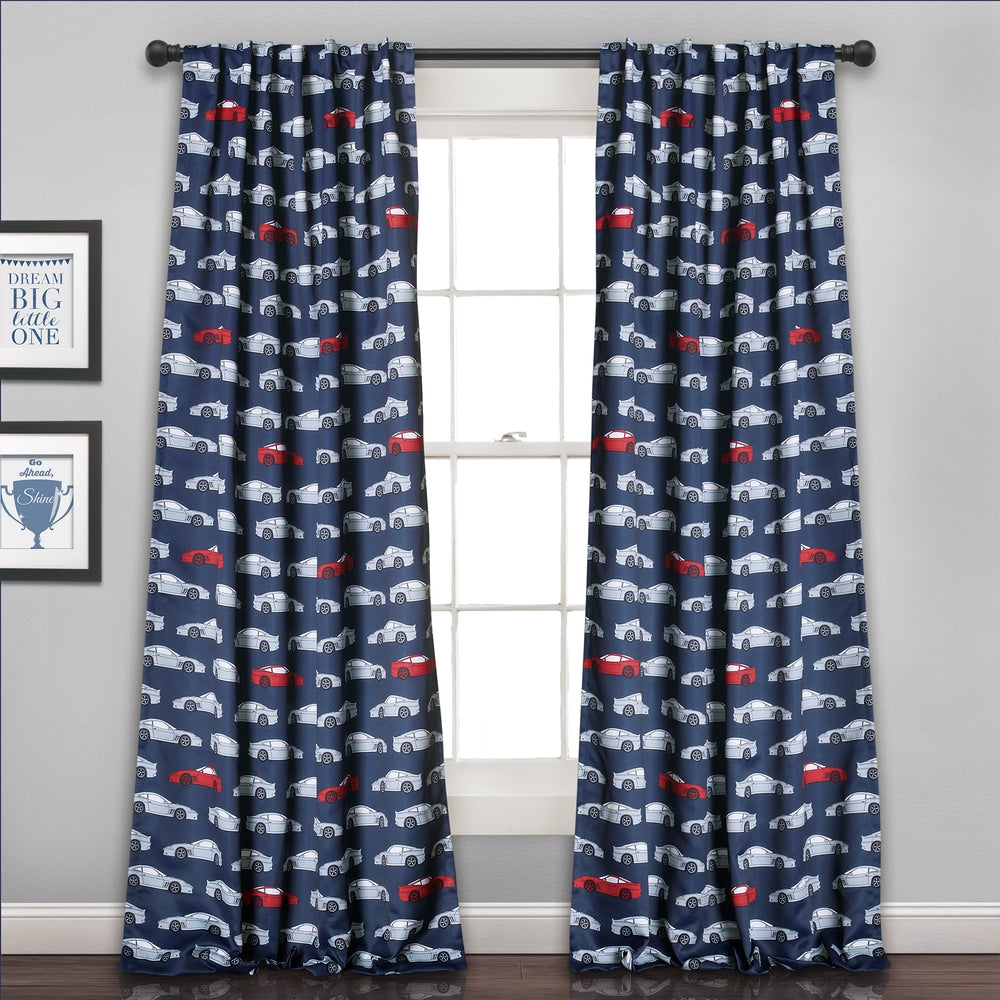 Lush Decor Race Cars Blue 84 Inch Long Room Darkening Curtain Panel Pair 52 W X 84 L
