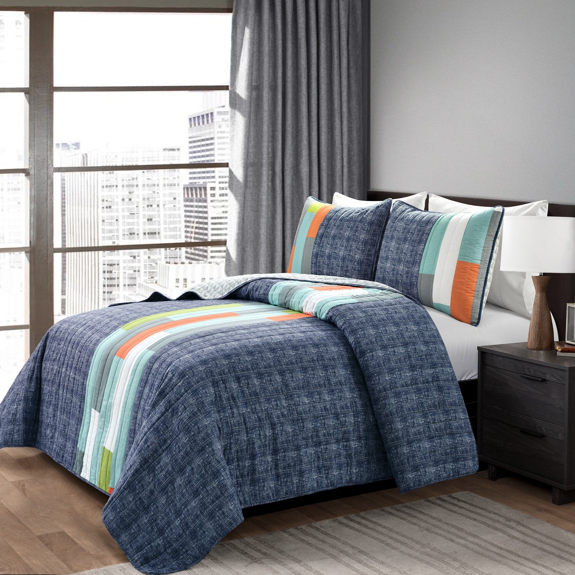 Lush Decor Shelly Orange Blue Stripe Quilt Set