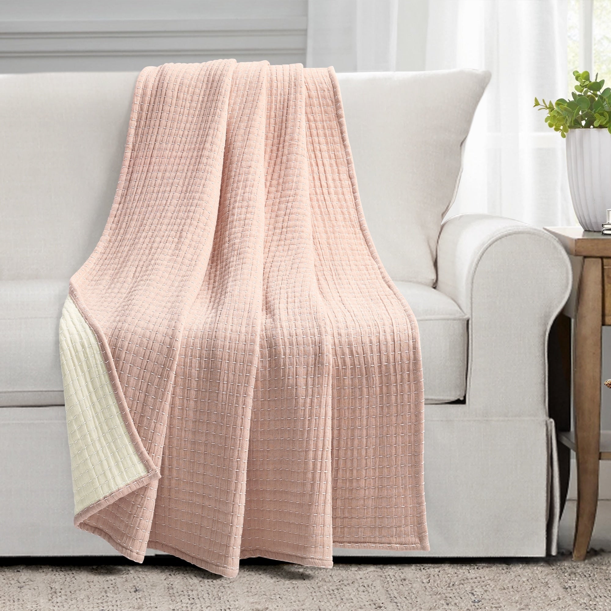 Lush Decor Solid Kantha Pick Stitch Yarn Dyed Cotton Woven Throw Blanket