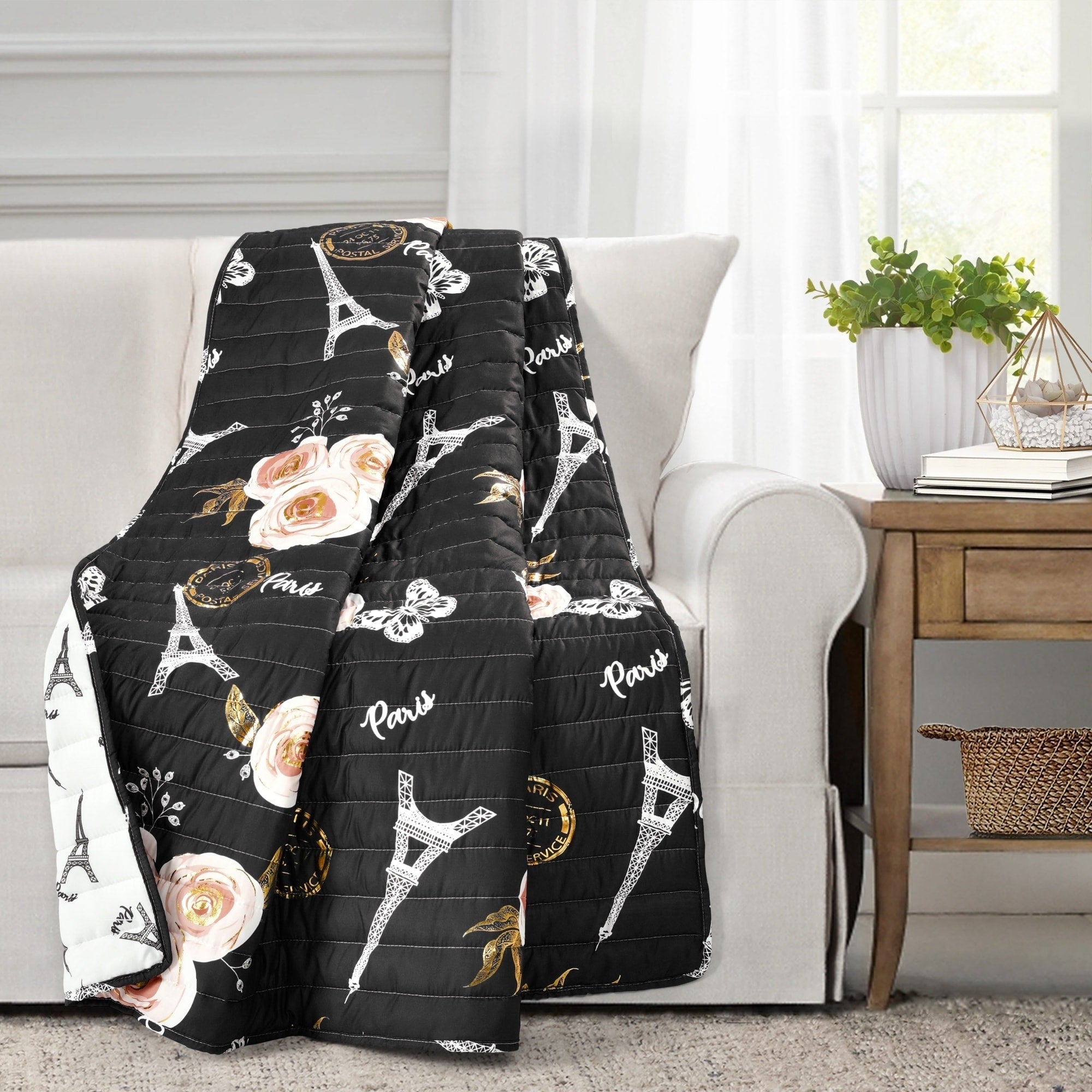 Lush Decor Vintage Paris Rose Butterfly Script Throw Blanket