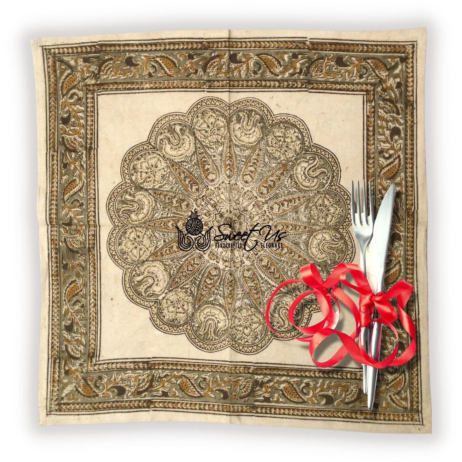 Vegetable Dye Floral Block Print Tablecloth Cotton Green Rectangle Square Round Linen