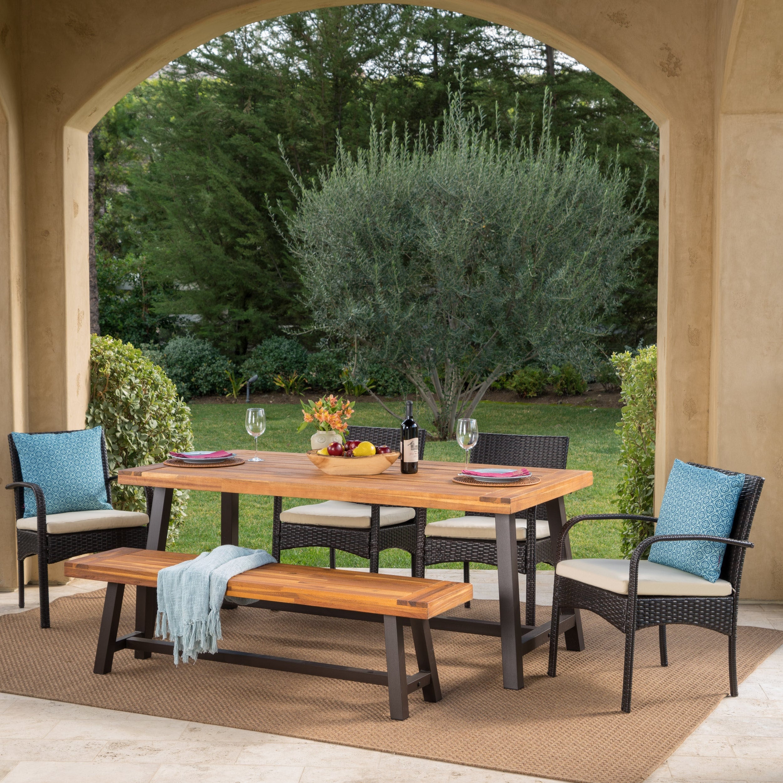 Luster Outdoor 6 Piece Rectangle Acacia Wood Wicker Dining Set With Cushions By Christopher Knight Home