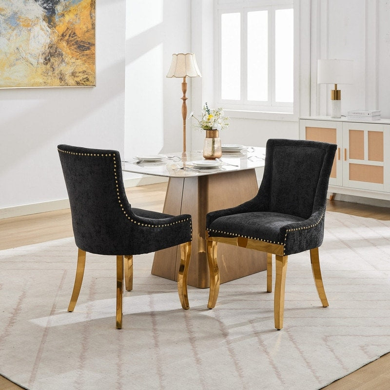 Luxe Curved Accent Dining Chairs With Gold Plated Legs Textured Chenille Upholstery Set Of 2