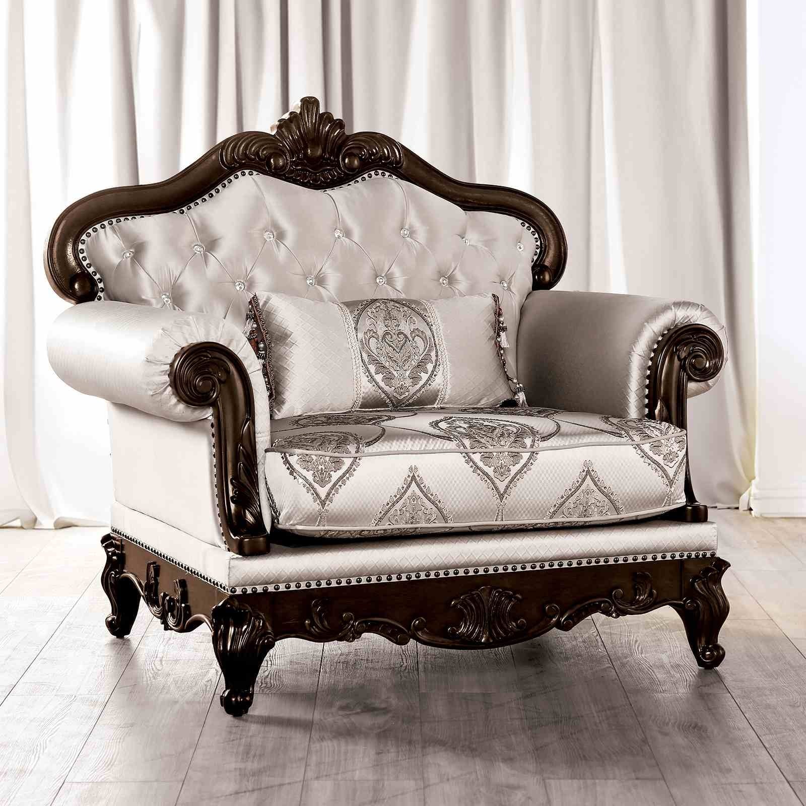 Luxurious 1Pc Dark Cherry Beige Finish Solid Wood Upholstered Tufted Chair