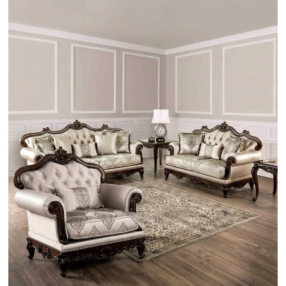 Luxurious Beige Finish Tufted Back Rolled Arms Solid Wood Sofa Set