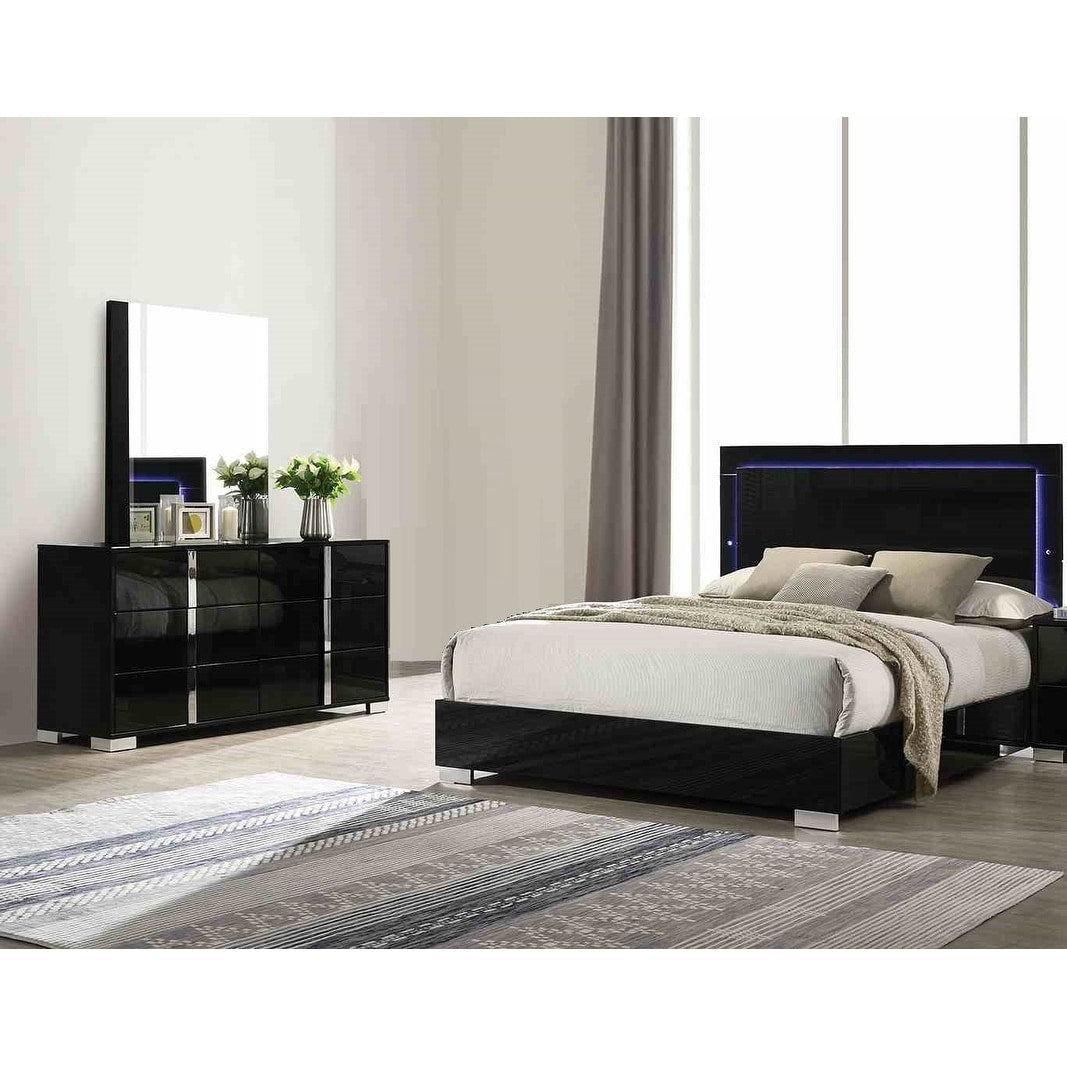 Luxurious High Gloss Black Led Bedroom Furniture Set 3Pc