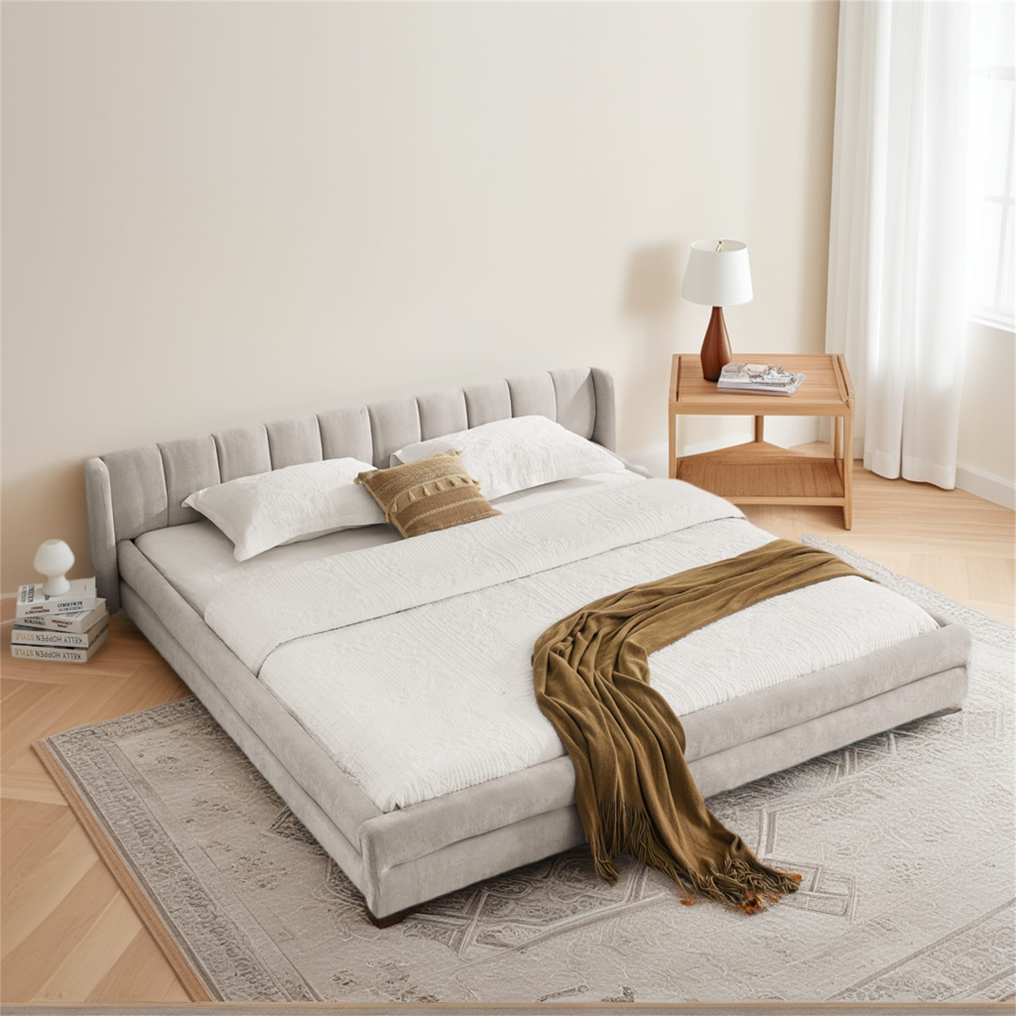 Luxurious King Upholstered Bed Frame With Sturdy Headboard