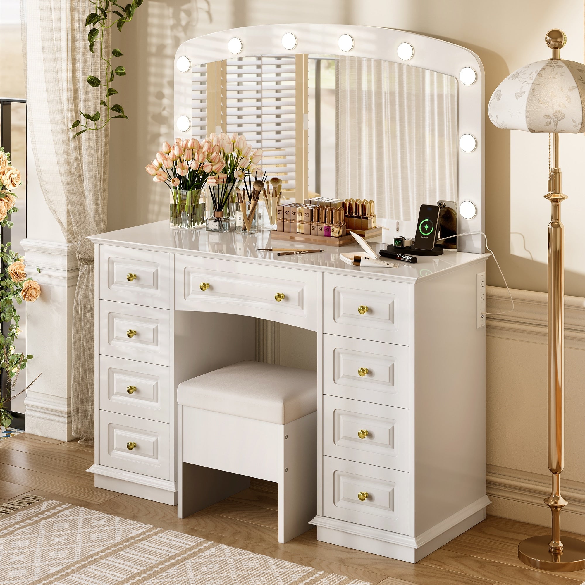 Luxurious Makeup Vanity With 10 Hollywood Bulbs 3 Color Lighting Modes Classic Dressing Table With Cushioned Stool And 9 Drawers
