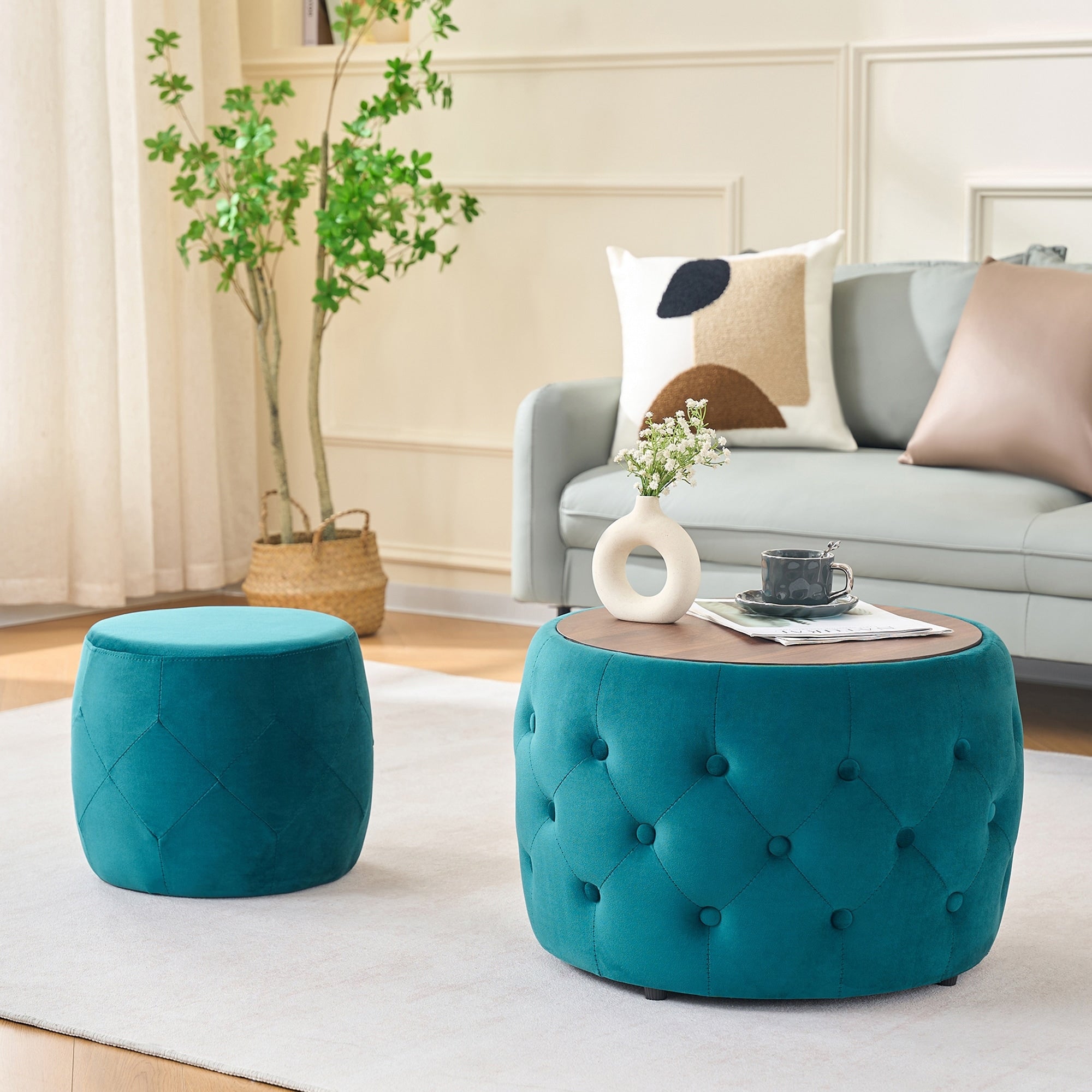 Luxurious Velvet Nesting Ottomans Of 2 4 In 1 Function Round Storage Foot Stool With Wood Tray No Assembly Needed