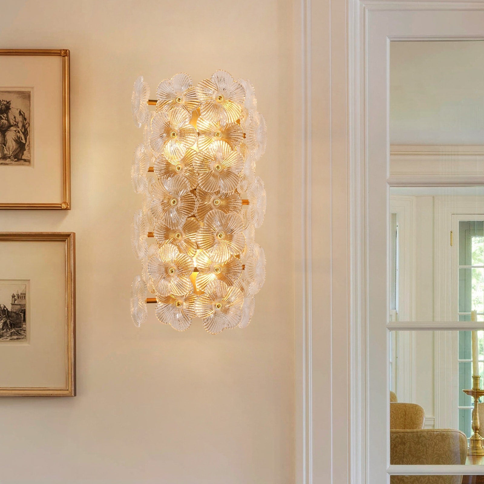 Luxury Gold 2 Light Wall Sconce With Clear Ribbed Glass Floral Shades